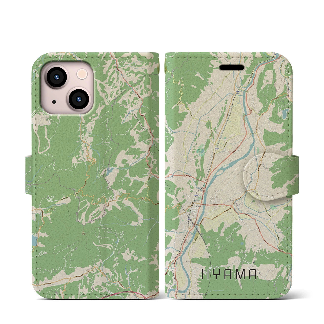 【飯山】地図柄iPhoneケース（手帳両面タイプ・ナチュラル）iPhone 13 mini 用