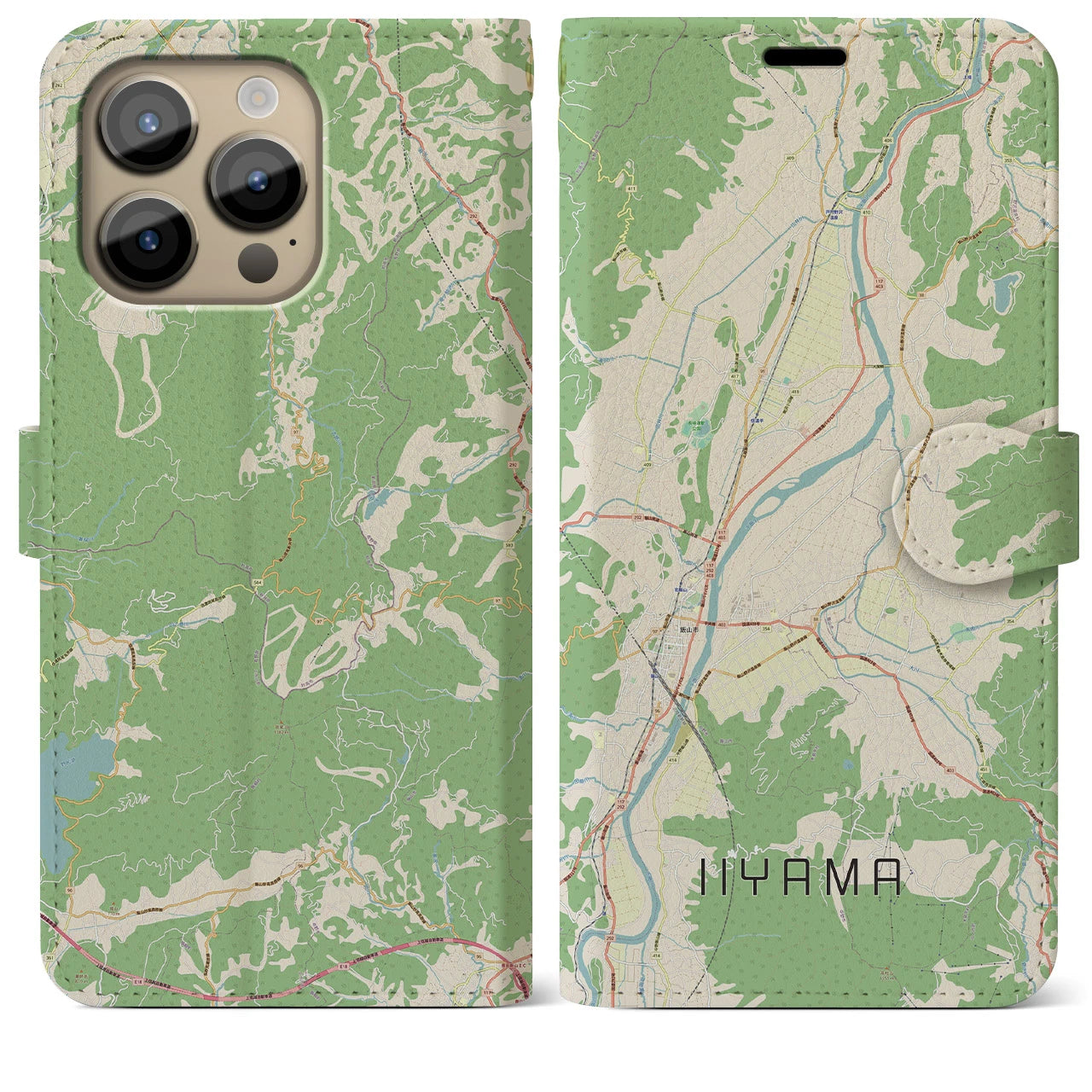 【飯山】地図柄iPhoneケース（手帳両面タイプ・ナチュラル）iPhone 14 Pro Max 用