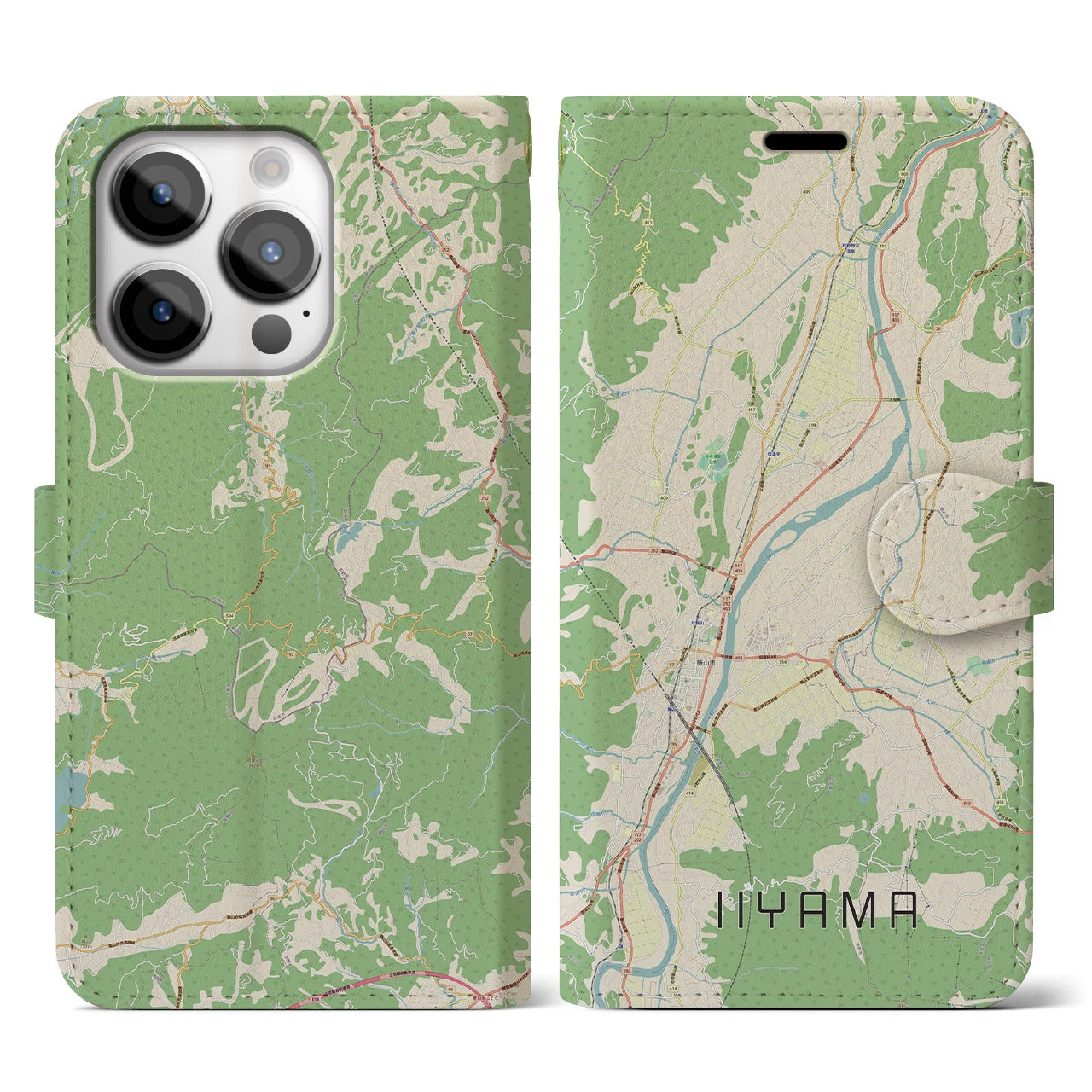 【飯山】地図柄iPhoneケース（手帳両面タイプ・ナチュラル）iPhone 14 Pro 用
