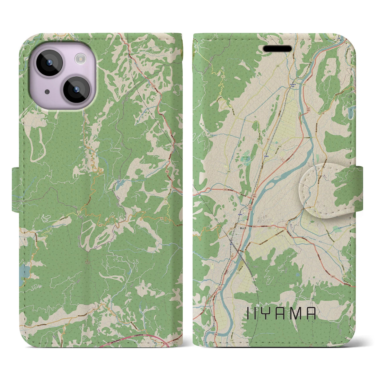 【飯山】地図柄iPhoneケース（手帳両面タイプ・ナチュラル）iPhone 14 用