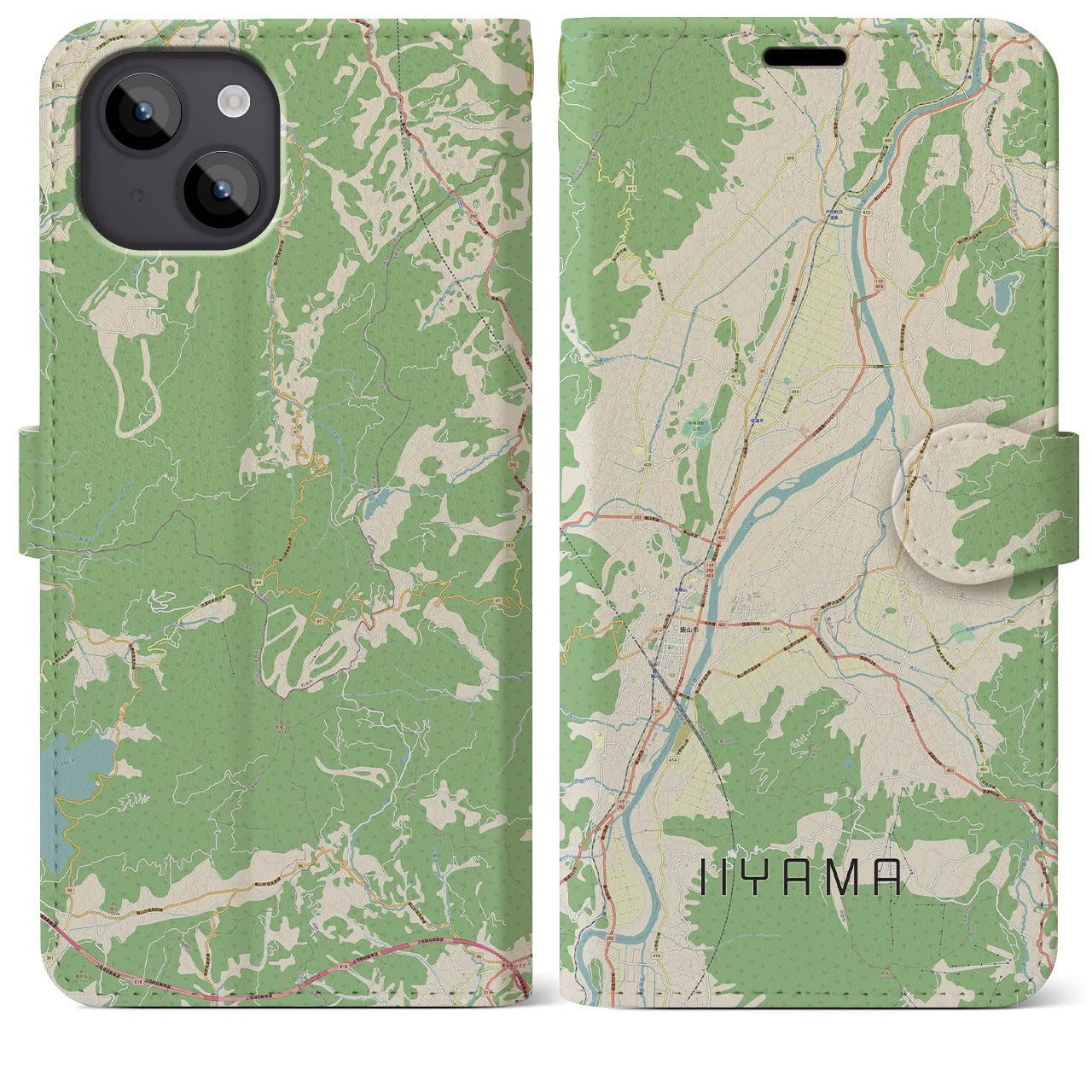 【飯山】地図柄iPhoneケース（手帳両面タイプ・ナチュラル）iPhone 14 Plus 用