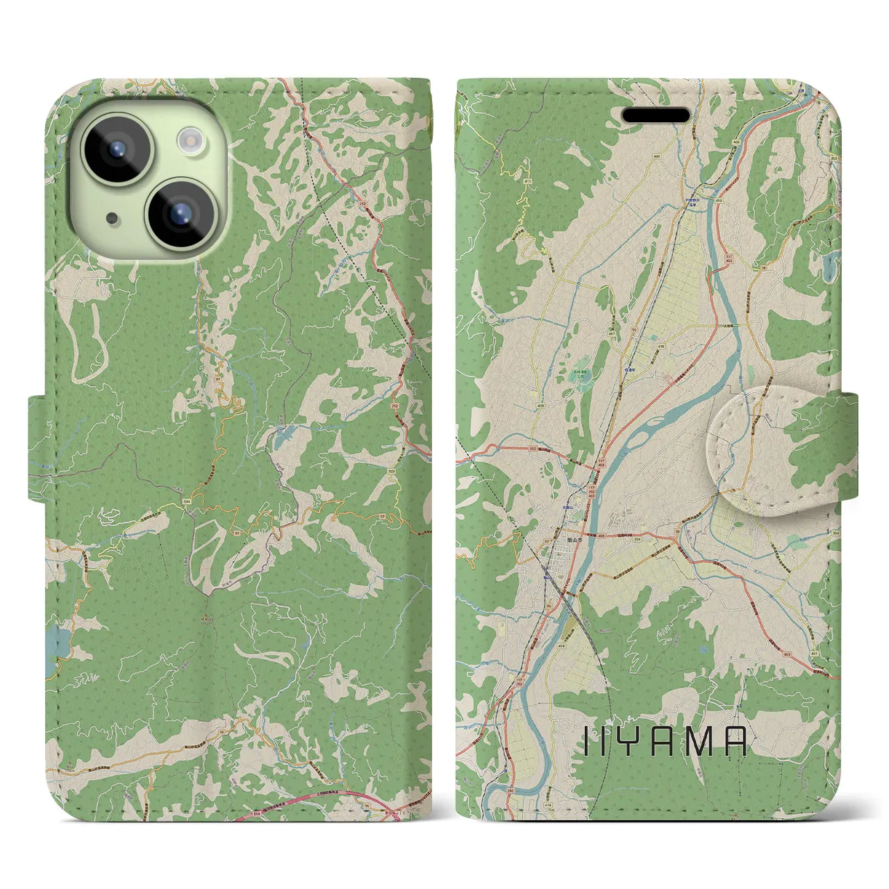 【飯山】地図柄iPhoneケース（手帳両面タイプ・ナチュラル）iPhone 15 用
