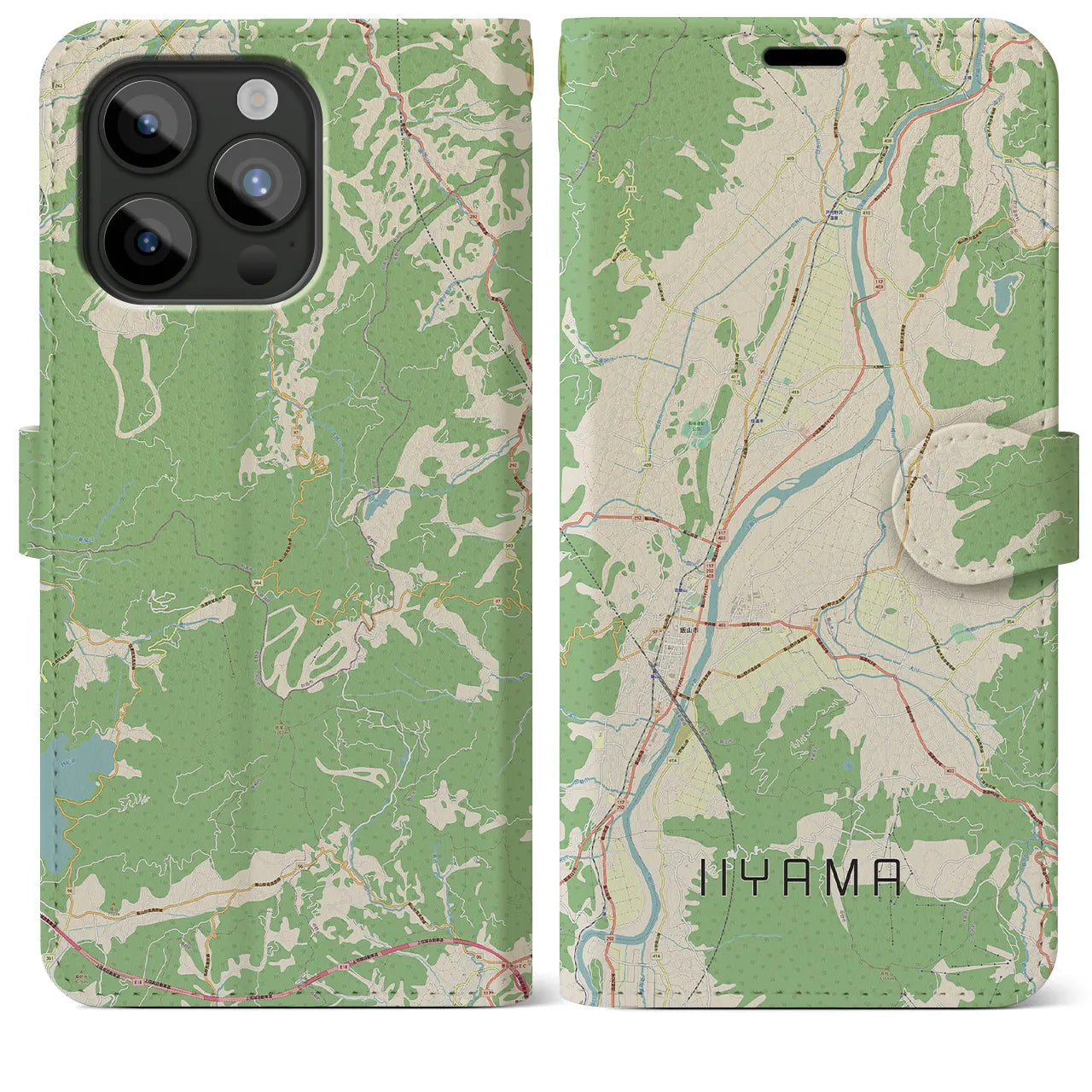 【飯山】地図柄iPhoneケース（手帳両面タイプ・ナチュラル）iPhone 15 Pro Max 用