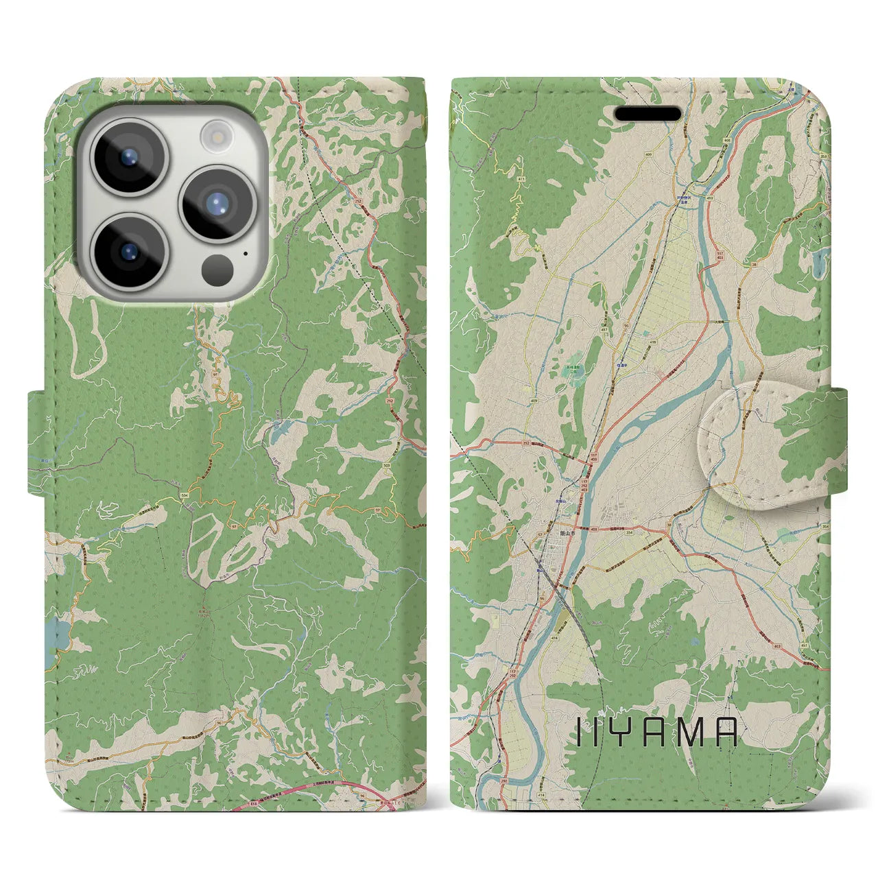 【飯山】地図柄iPhoneケース（手帳両面タイプ・ナチュラル）iPhone 15 Pro 用