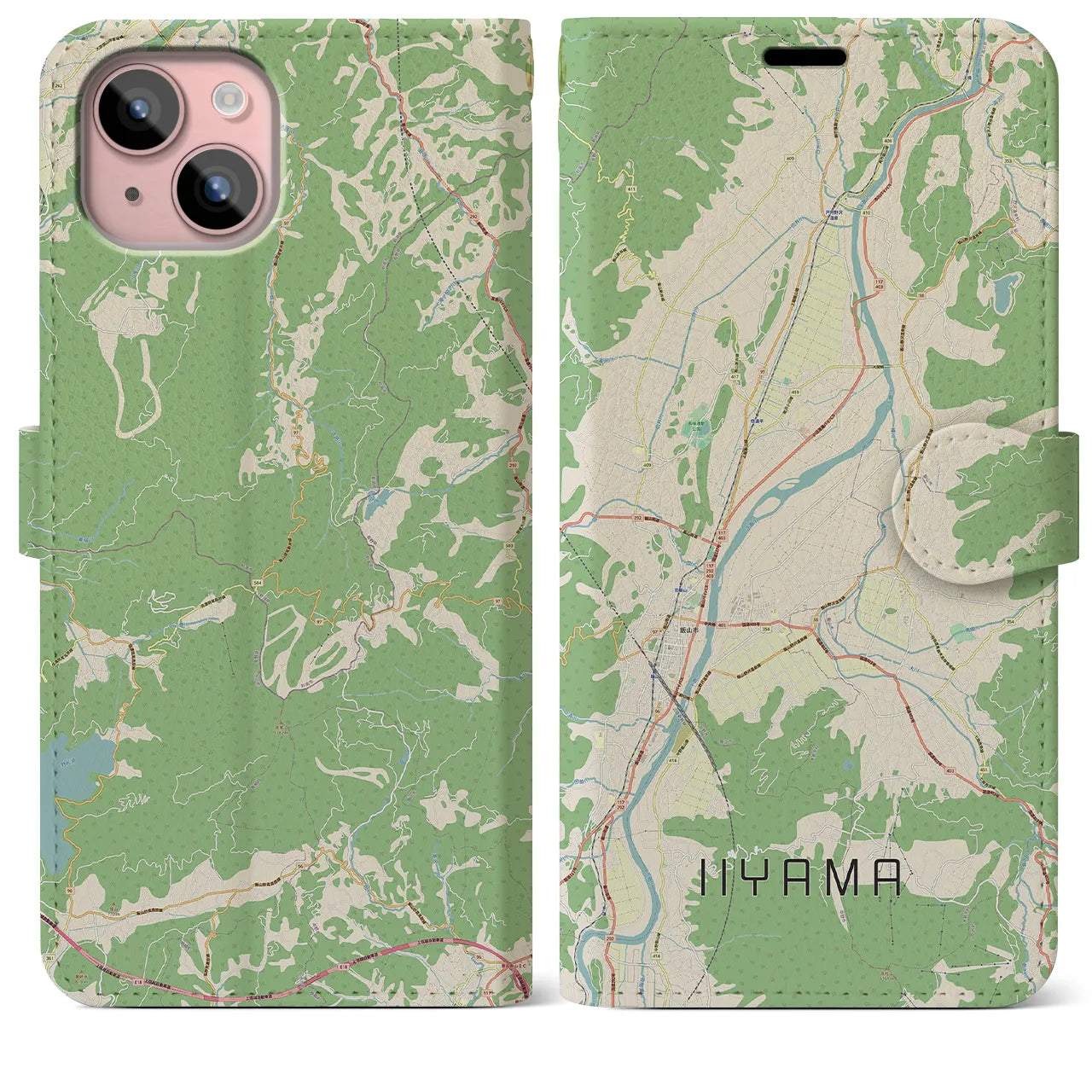 【飯山】地図柄iPhoneケース（手帳両面タイプ・ナチュラル）iPhone 15 Plus 用