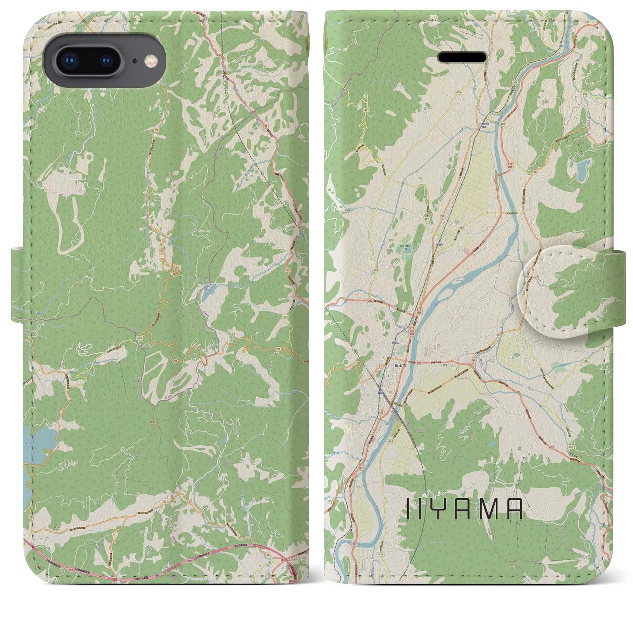 【飯山】地図柄iPhoneケース（手帳両面タイプ・ナチュラル）iPhone 8Plus /7Plus / 6sPlus / 6Plus 用