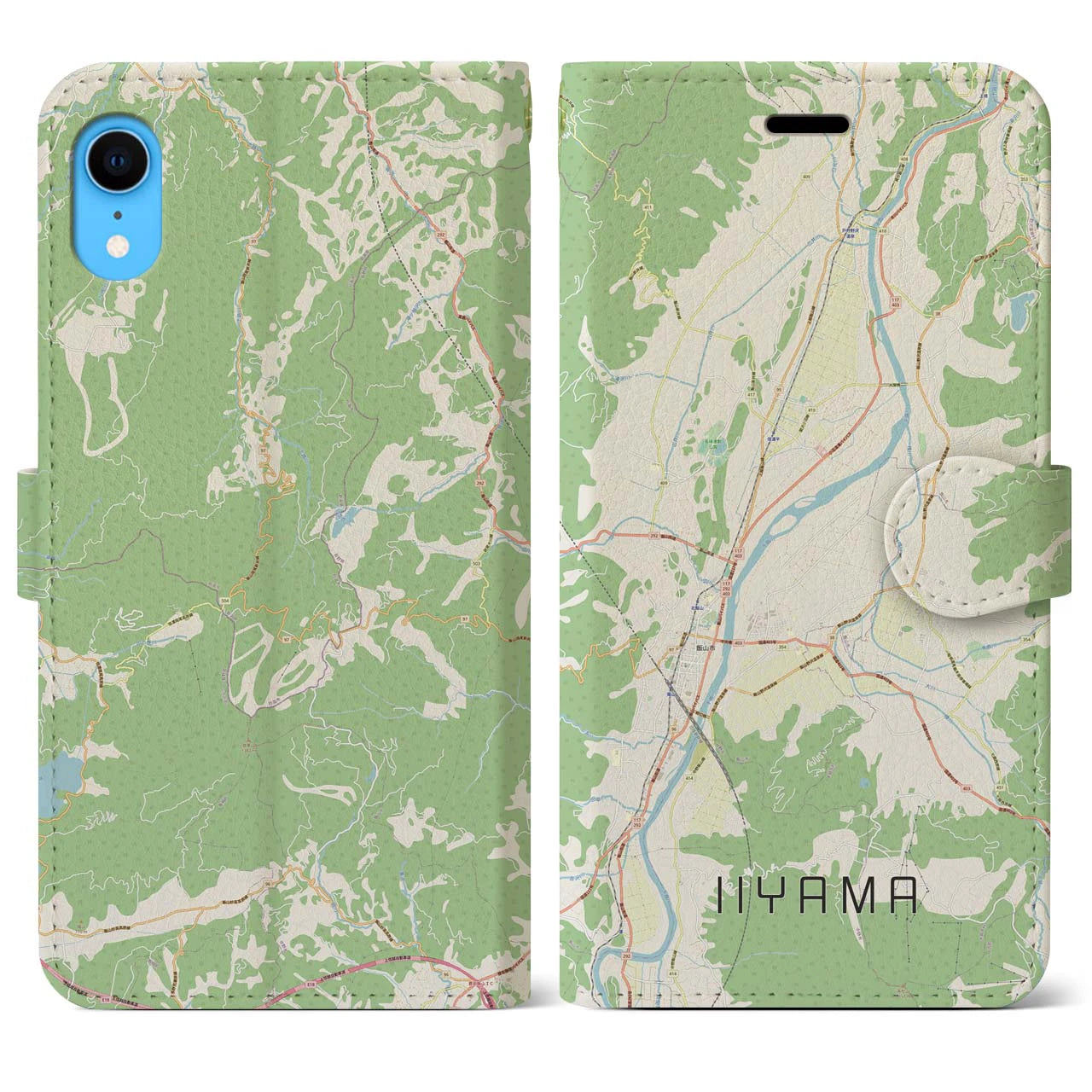 【飯山】地図柄iPhoneケース（手帳両面タイプ・ナチュラル）iPhone XR 用