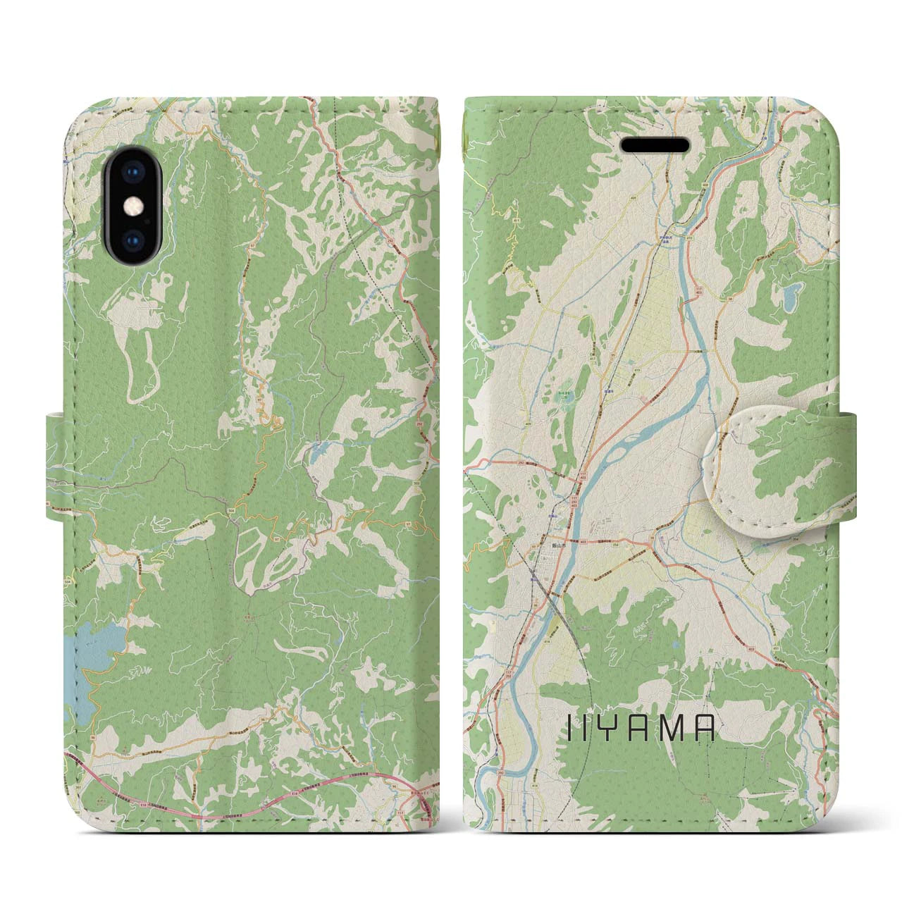 【飯山】地図柄iPhoneケース（手帳両面タイプ・ナチュラル）iPhone XS / X 用