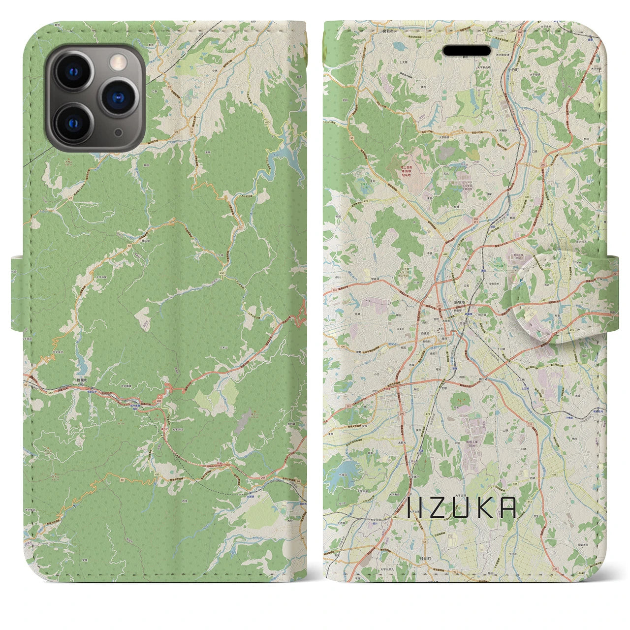 【飯塚】地図柄iPhoneケース（手帳両面タイプ・ナチュラル）iPhone 11 Pro Max 用