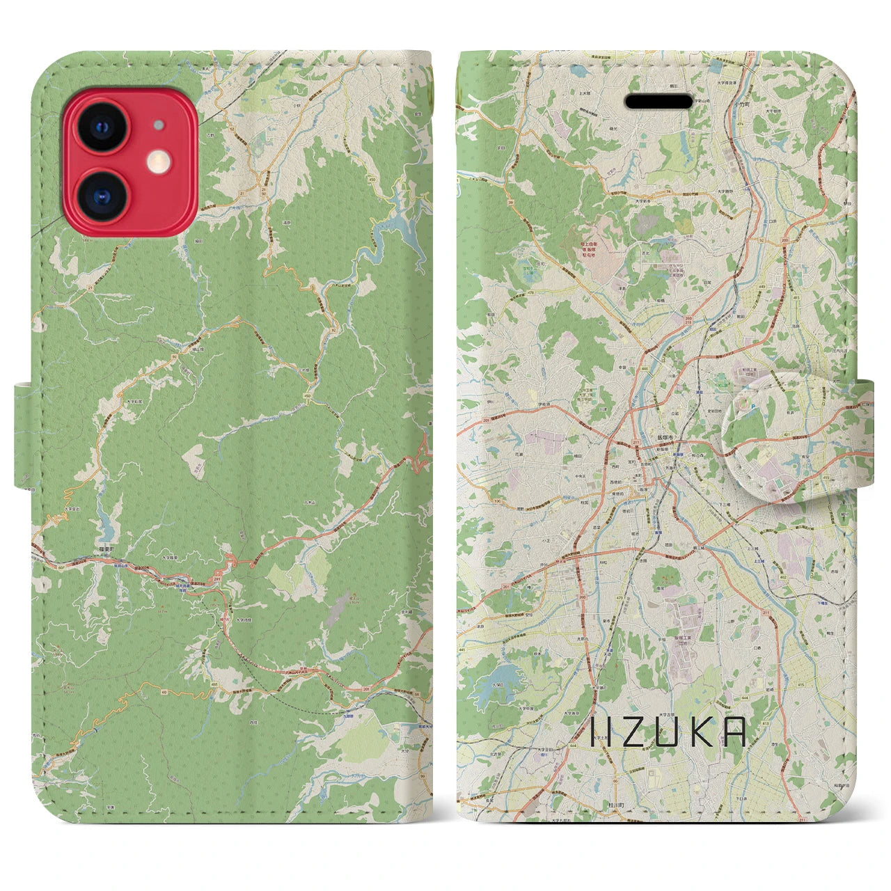 【飯塚】地図柄iPhoneケース（手帳両面タイプ・ナチュラル）iPhone 11 用