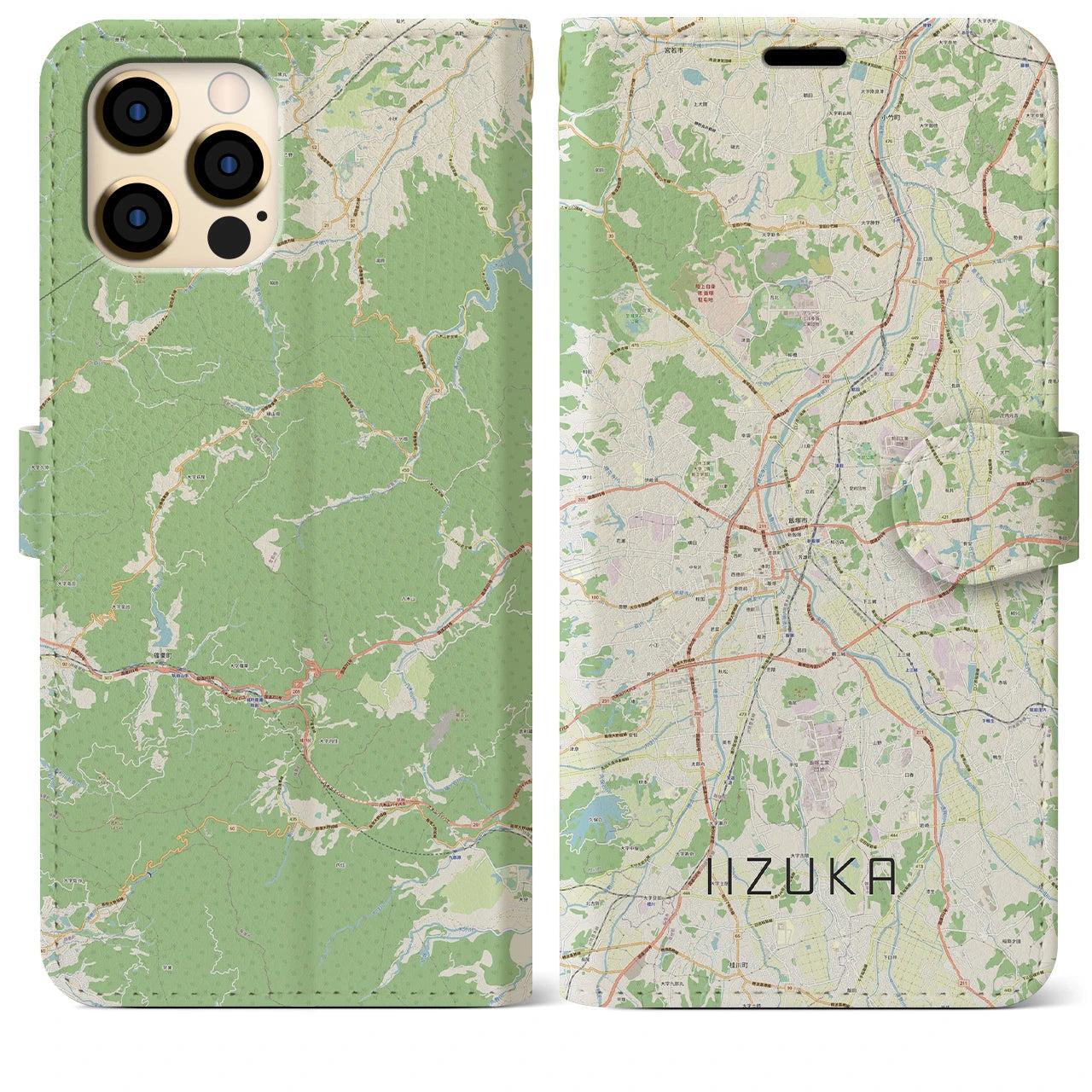 【飯塚】地図柄iPhoneケース（手帳両面タイプ・ナチュラル）iPhone 12 Pro Max 用