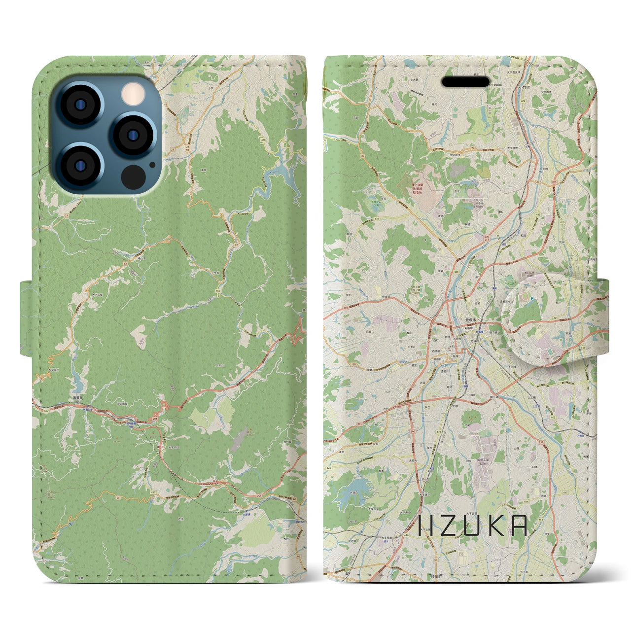 【飯塚】地図柄iPhoneケース（手帳両面タイプ・ナチュラル）iPhone 12 / 12 Pro 用