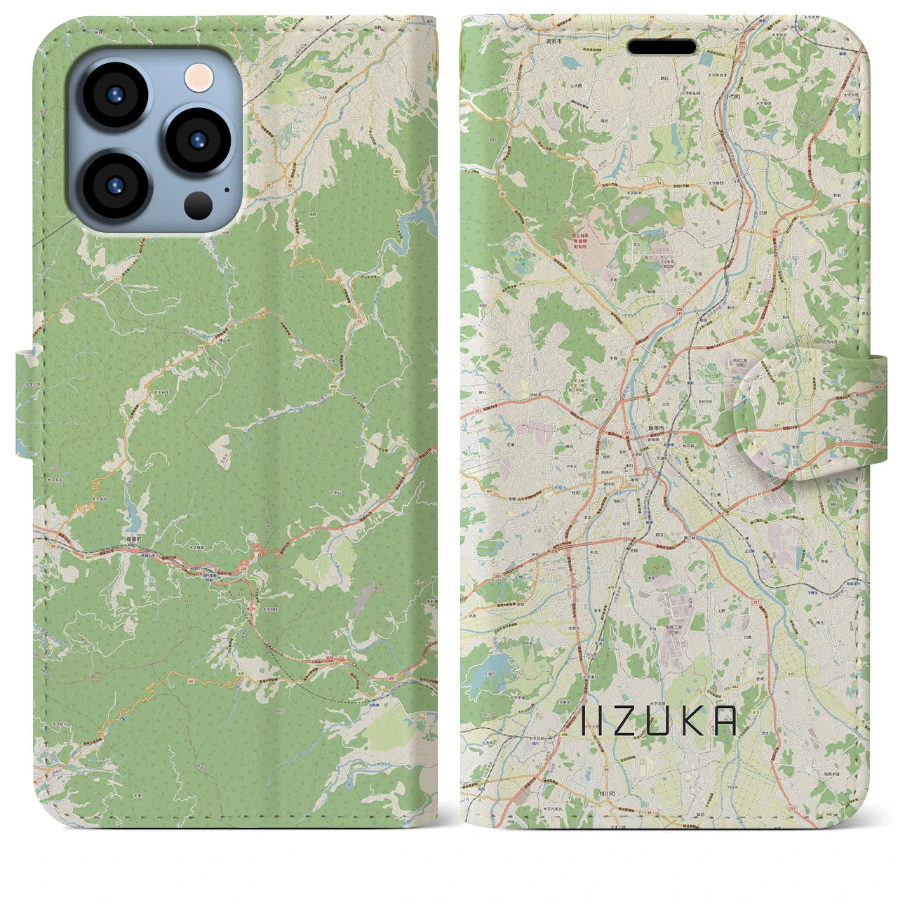 【飯塚】地図柄iPhoneケース（手帳両面タイプ・ナチュラル）iPhone 13 Pro Max 用