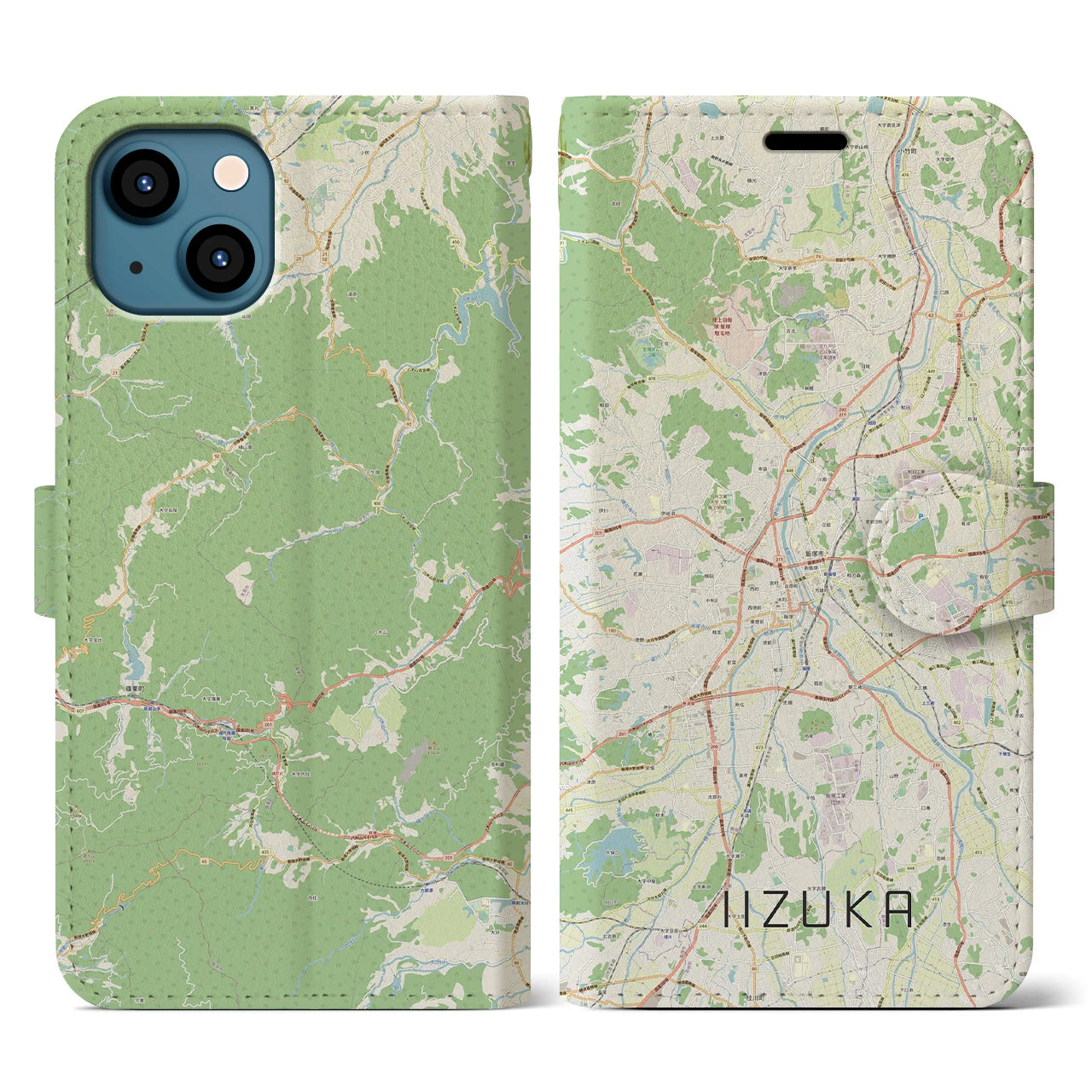 【飯塚】地図柄iPhoneケース（手帳両面タイプ・ナチュラル）iPhone 13 用