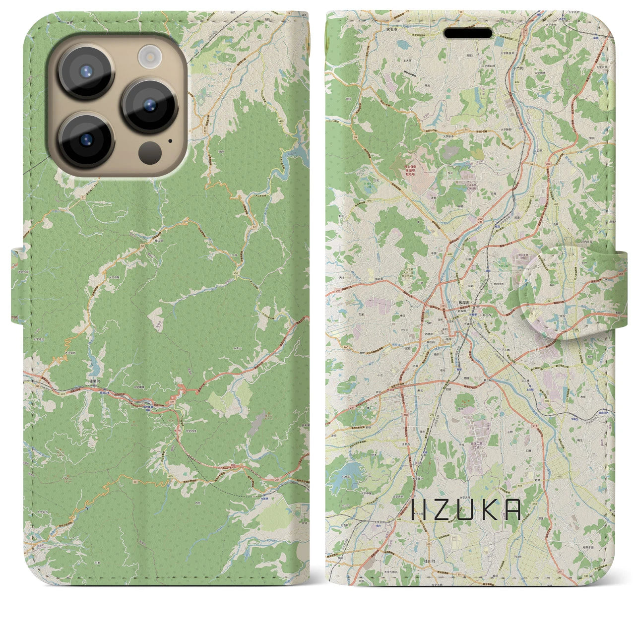 【飯塚】地図柄iPhoneケース（手帳両面タイプ・ナチュラル）iPhone 14 Pro Max 用