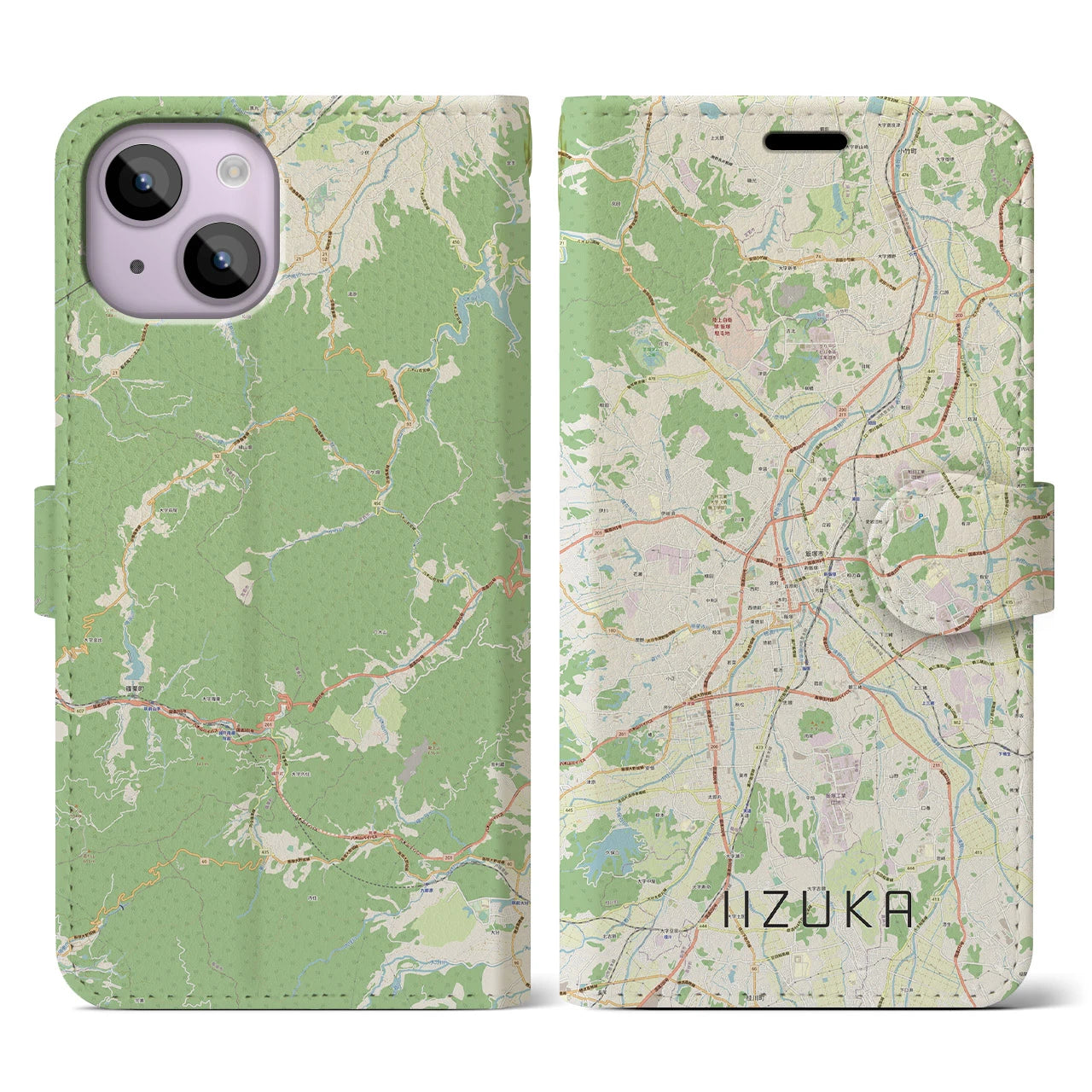 【飯塚】地図柄iPhoneケース（手帳両面タイプ・ナチュラル）iPhone 14 用