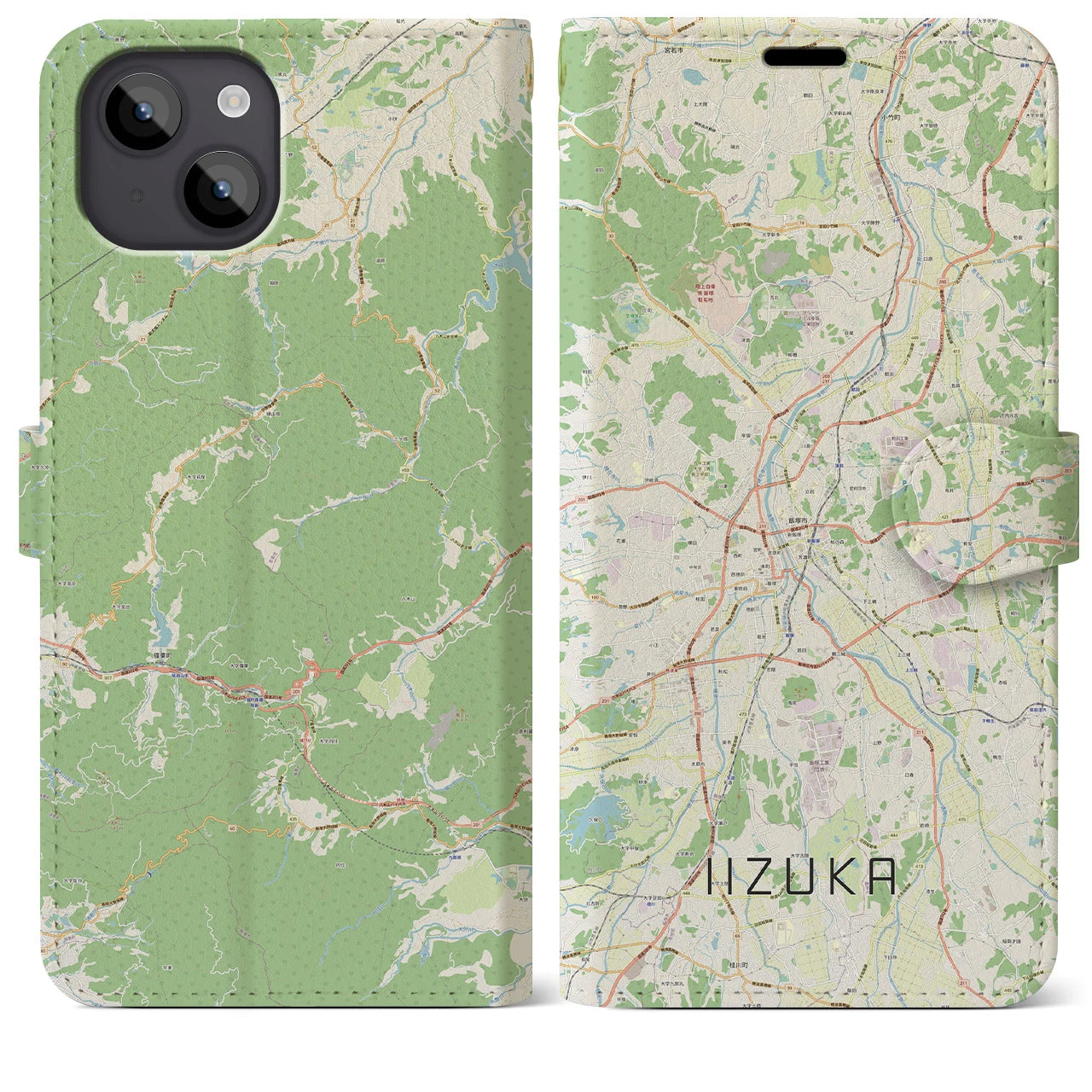 【飯塚】地図柄iPhoneケース（手帳両面タイプ・ナチュラル）iPhone 14 Plus 用