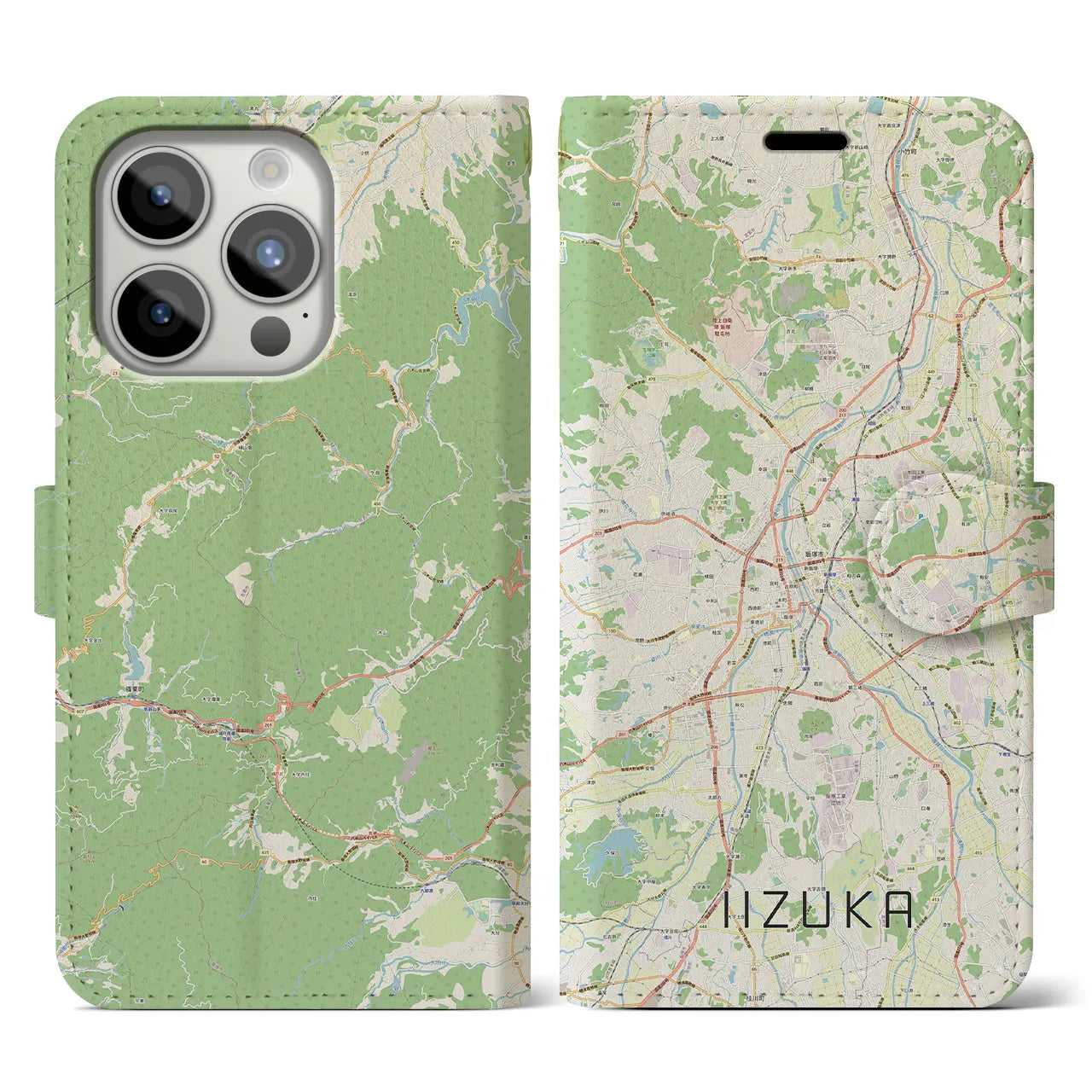 【飯塚】地図柄iPhoneケース（手帳両面タイプ・ナチュラル）iPhone 15 Pro 用