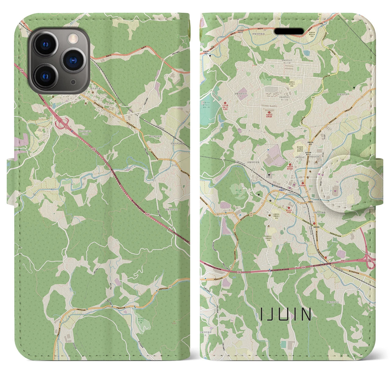 【伊集院】地図柄iPhoneケース（手帳両面タイプ・ナチュラル）iPhone 11 Pro Max 用