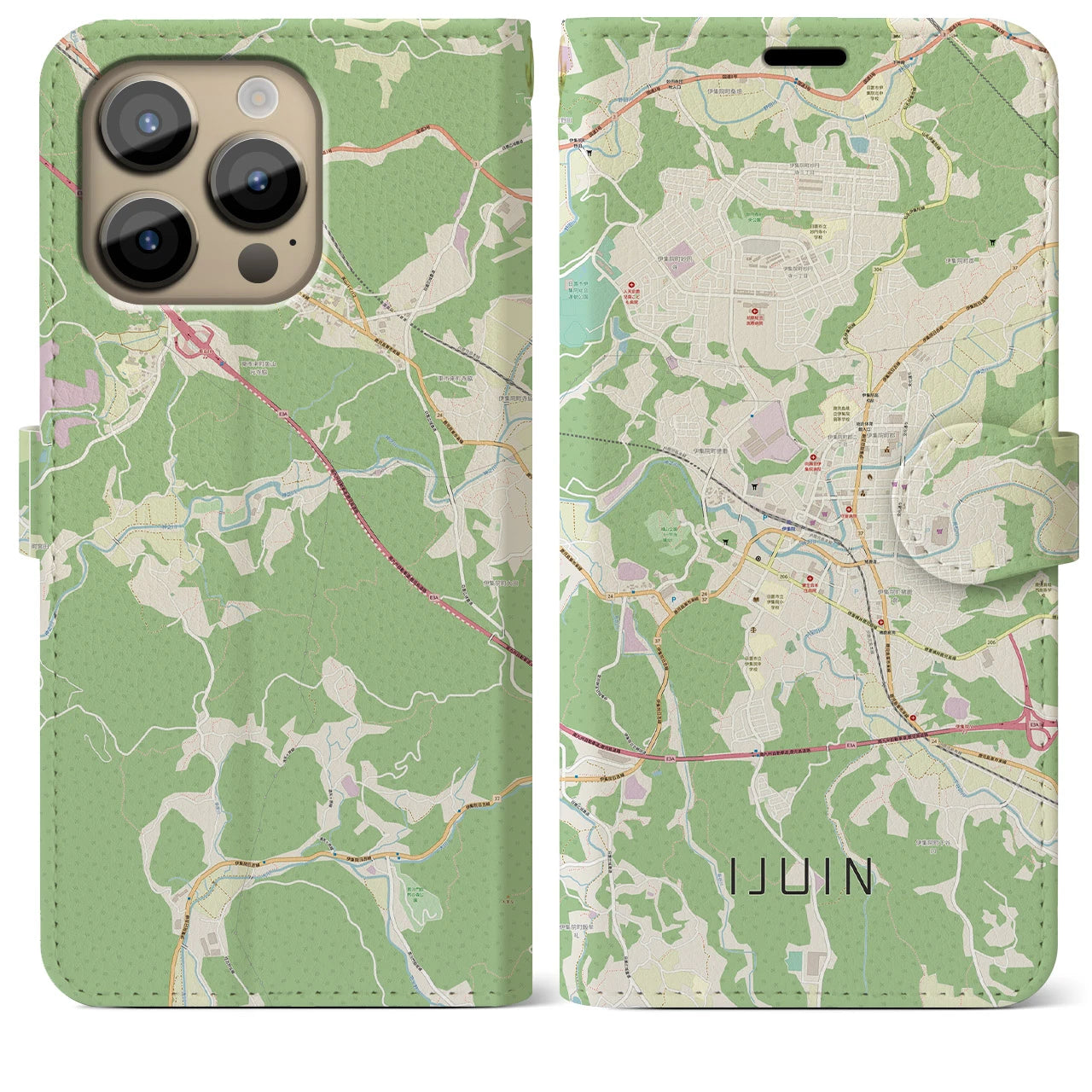 【伊集院】地図柄iPhoneケース（手帳両面タイプ・ナチュラル）iPhone 14 Pro Max 用