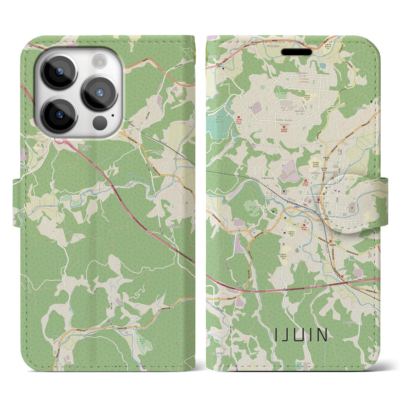 【伊集院】地図柄iPhoneケース（手帳両面タイプ・ナチュラル）iPhone 14 Pro 用