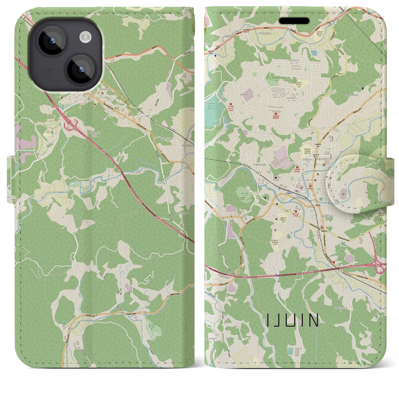 【伊集院】地図柄iPhoneケース（手帳両面タイプ・ナチュラル）iPhone 14 Plus 用