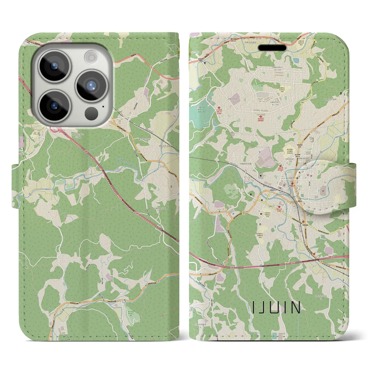 【伊集院】地図柄iPhoneケース（手帳両面タイプ・ナチュラル）iPhone 15 Pro 用