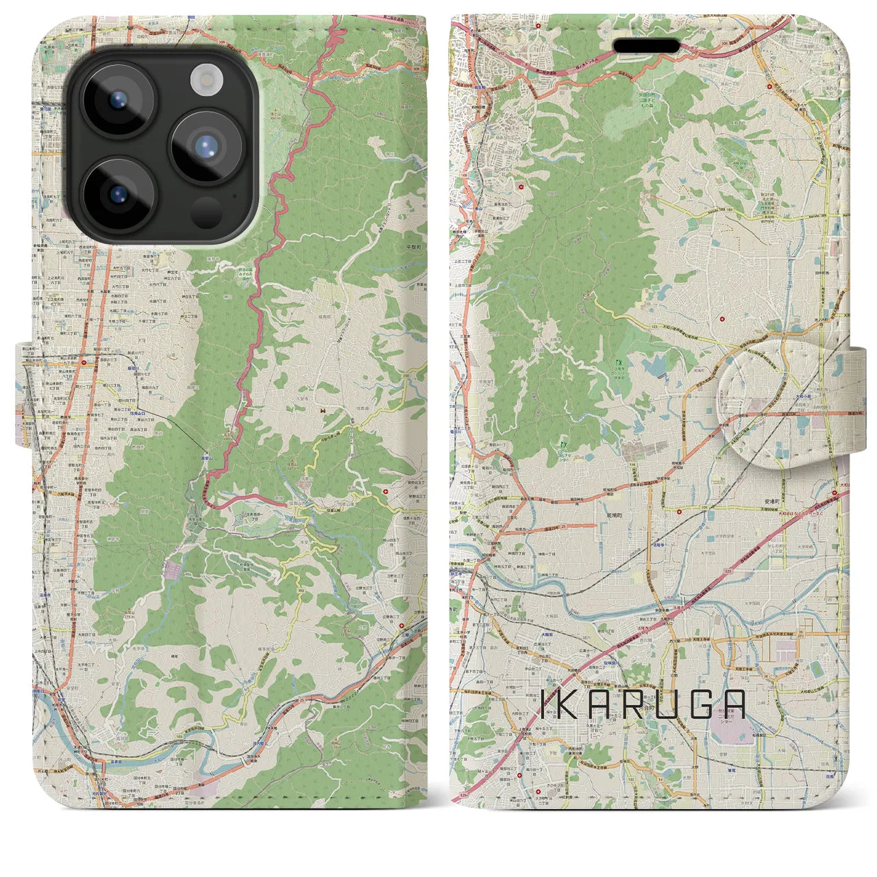 【斑鳩】地図柄iPhoneケース（手帳両面タイプ・ナチュラル）iPhone 15 Pro Max 用