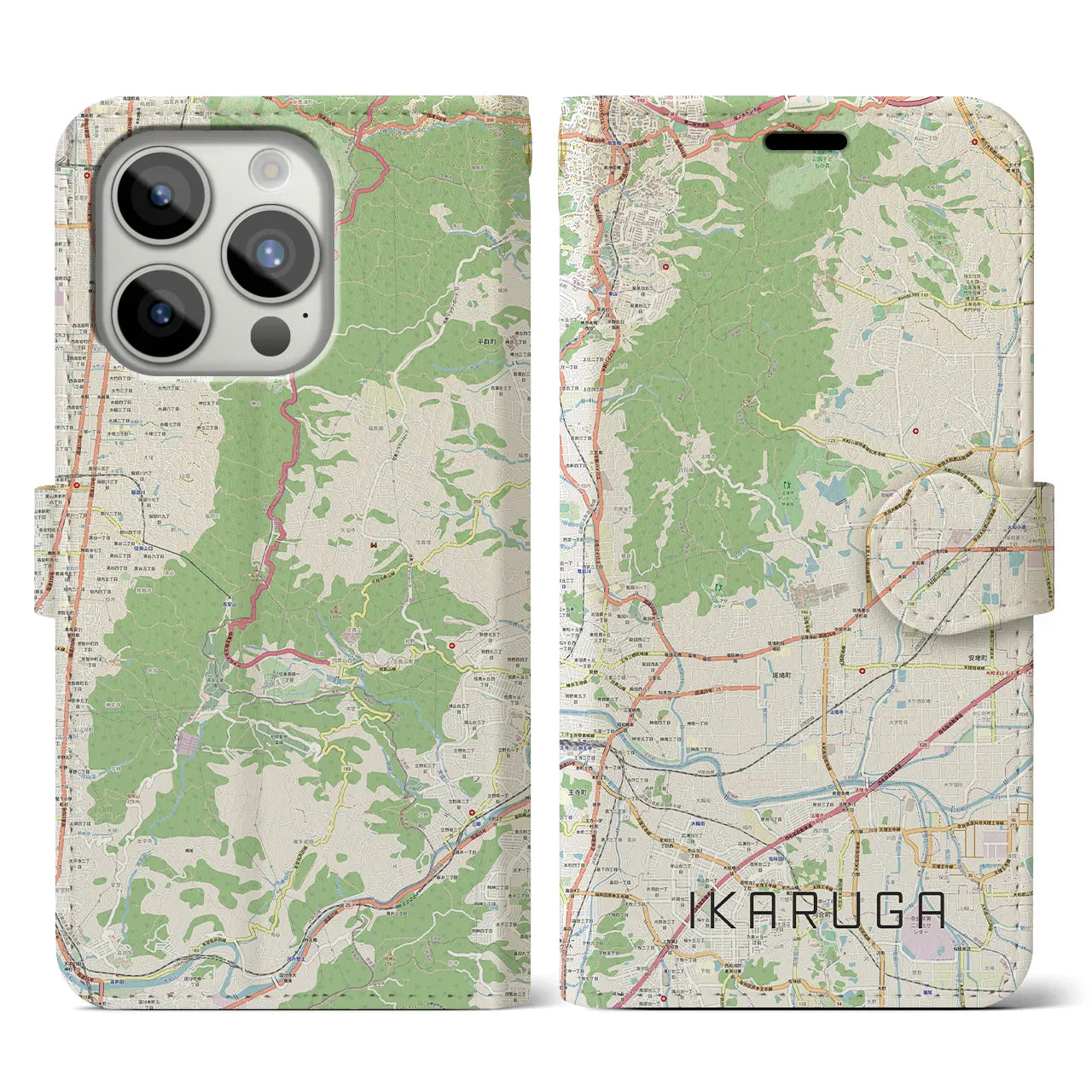 【斑鳩】地図柄iPhoneケース（手帳両面タイプ・ナチュラル）iPhone 15 Pro 用