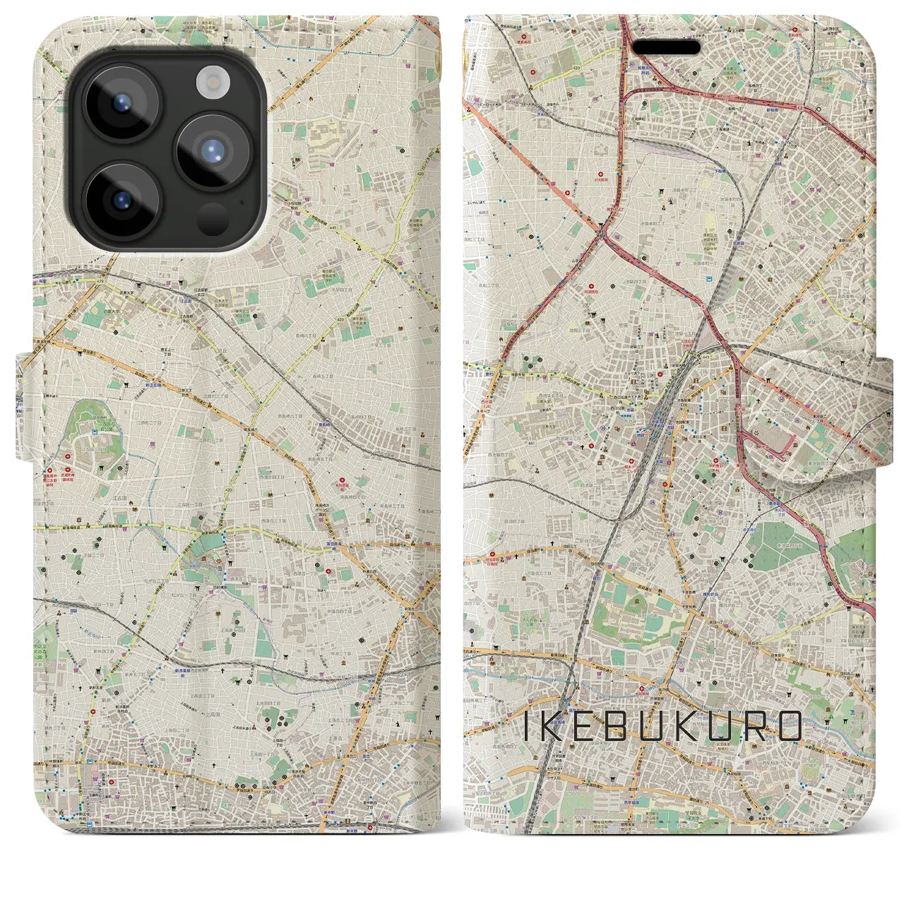 【池袋】地図柄iPhoneケース（手帳両面タイプ・ナチュラル）iPhone 15 Pro Max 用