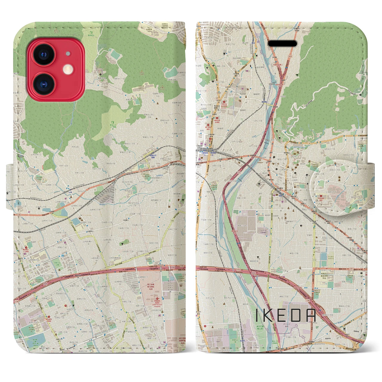 【池田】地図柄iPhoneケース（手帳両面タイプ・ナチュラル）iPhone 11 用