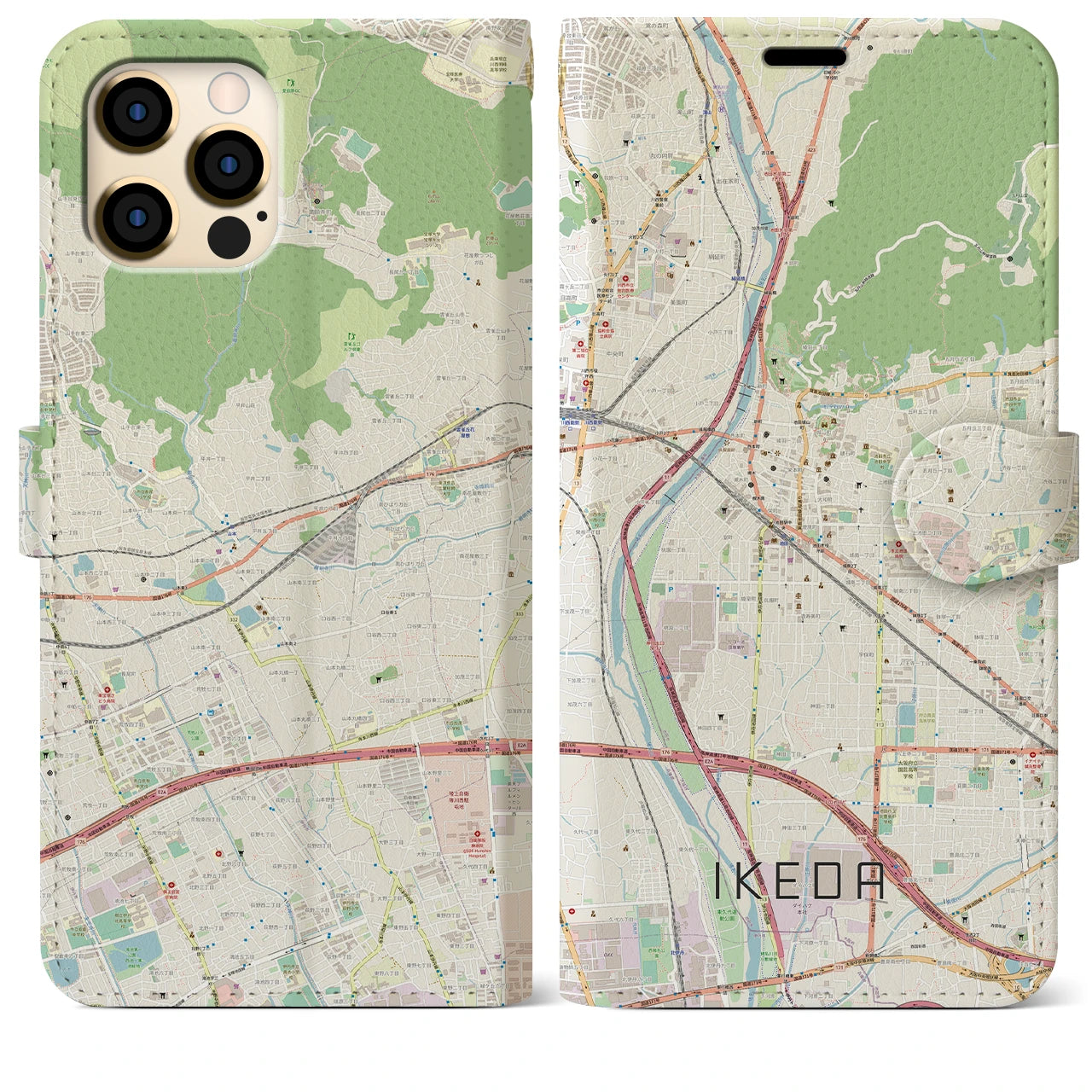 【池田】地図柄iPhoneケース（手帳両面タイプ・ナチュラル）iPhone 12 Pro Max 用
