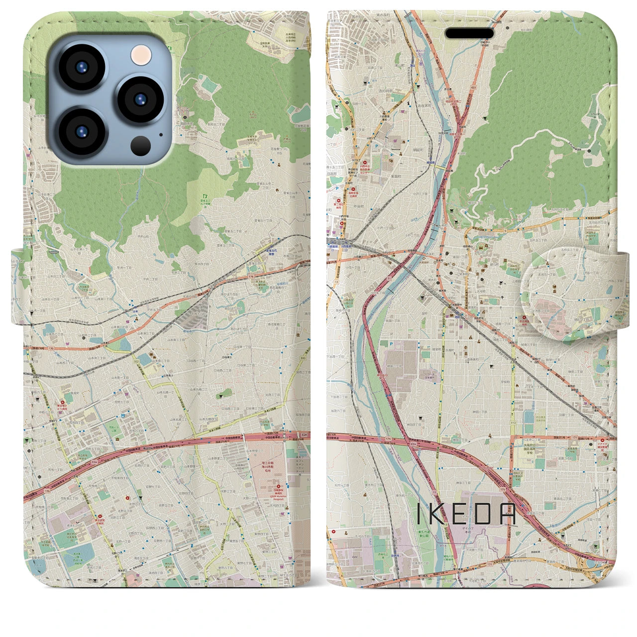 【池田】地図柄iPhoneケース（手帳両面タイプ・ナチュラル）iPhone 13 Pro Max 用