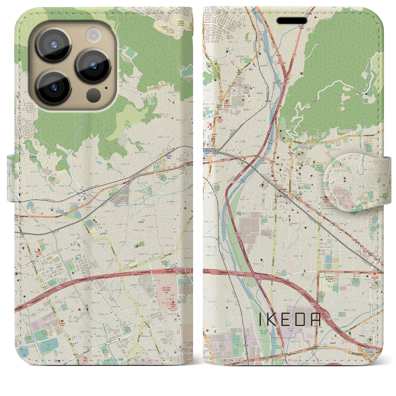 【池田】地図柄iPhoneケース（手帳両面タイプ・ナチュラル）iPhone 14 Pro Max 用