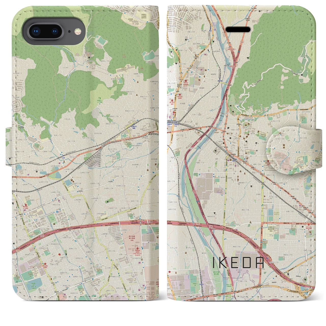 【池田】地図柄iPhoneケース（手帳両面タイプ・ナチュラル）iPhone 8Plus /7Plus / 6sPlus / 6Plus 用
