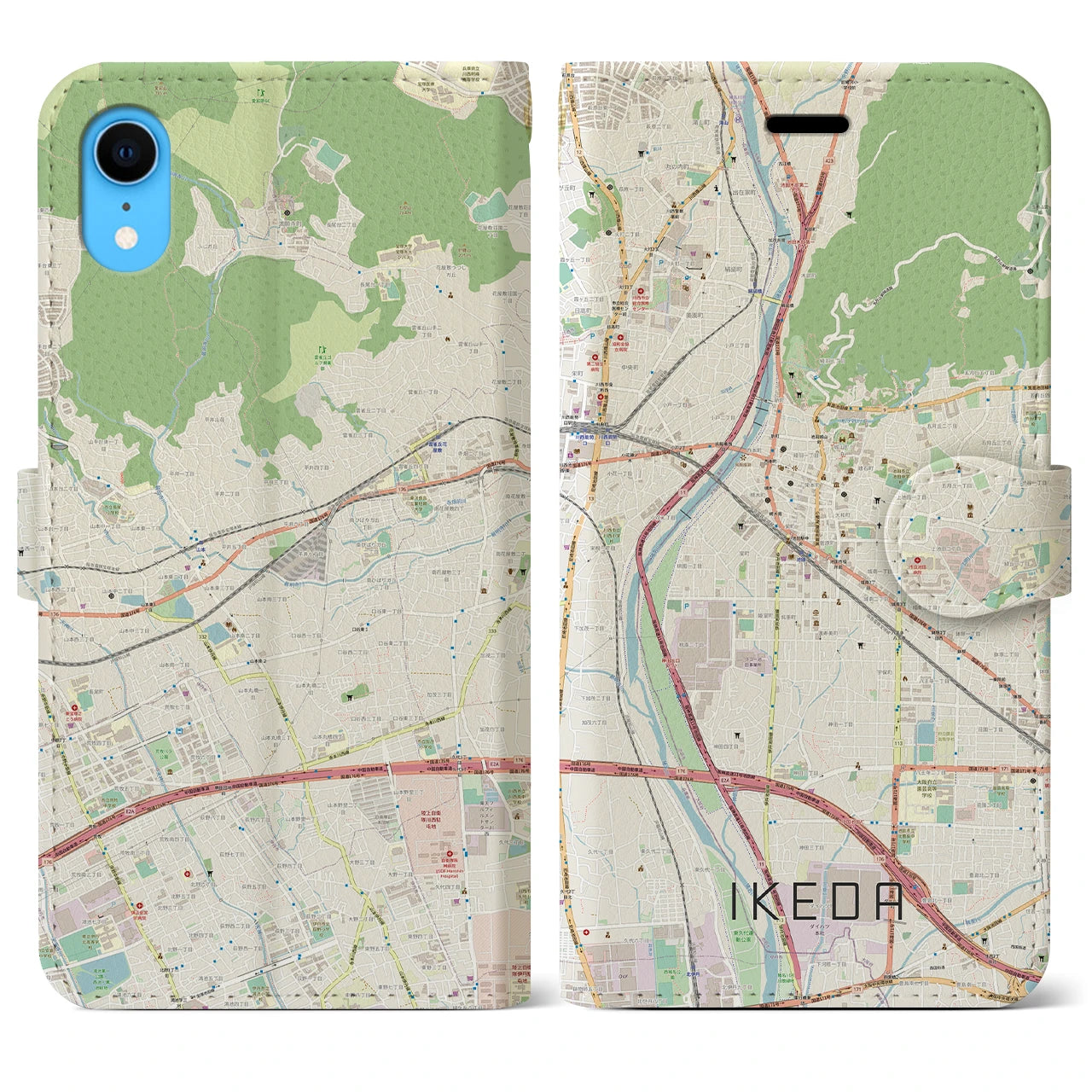 【池田】地図柄iPhoneケース（手帳両面タイプ・ナチュラル）iPhone XR 用