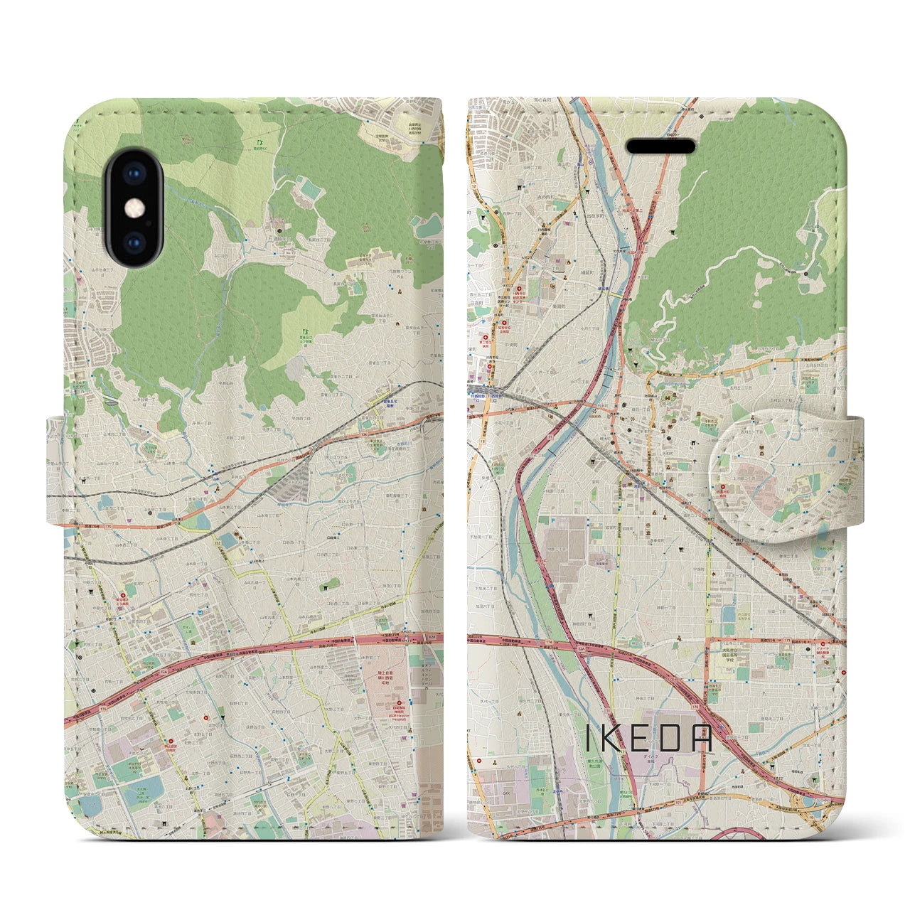 【池田】地図柄iPhoneケース（手帳両面タイプ・ナチュラル）iPhone XS / X 用