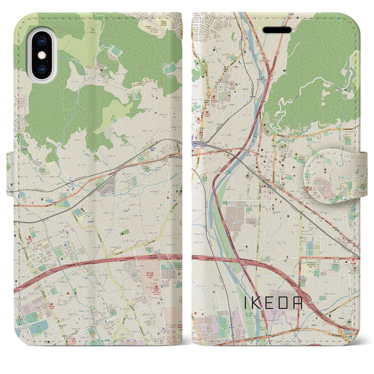 【池田】地図柄iPhoneケース（手帳両面タイプ・ナチュラル）iPhone XS Max 用