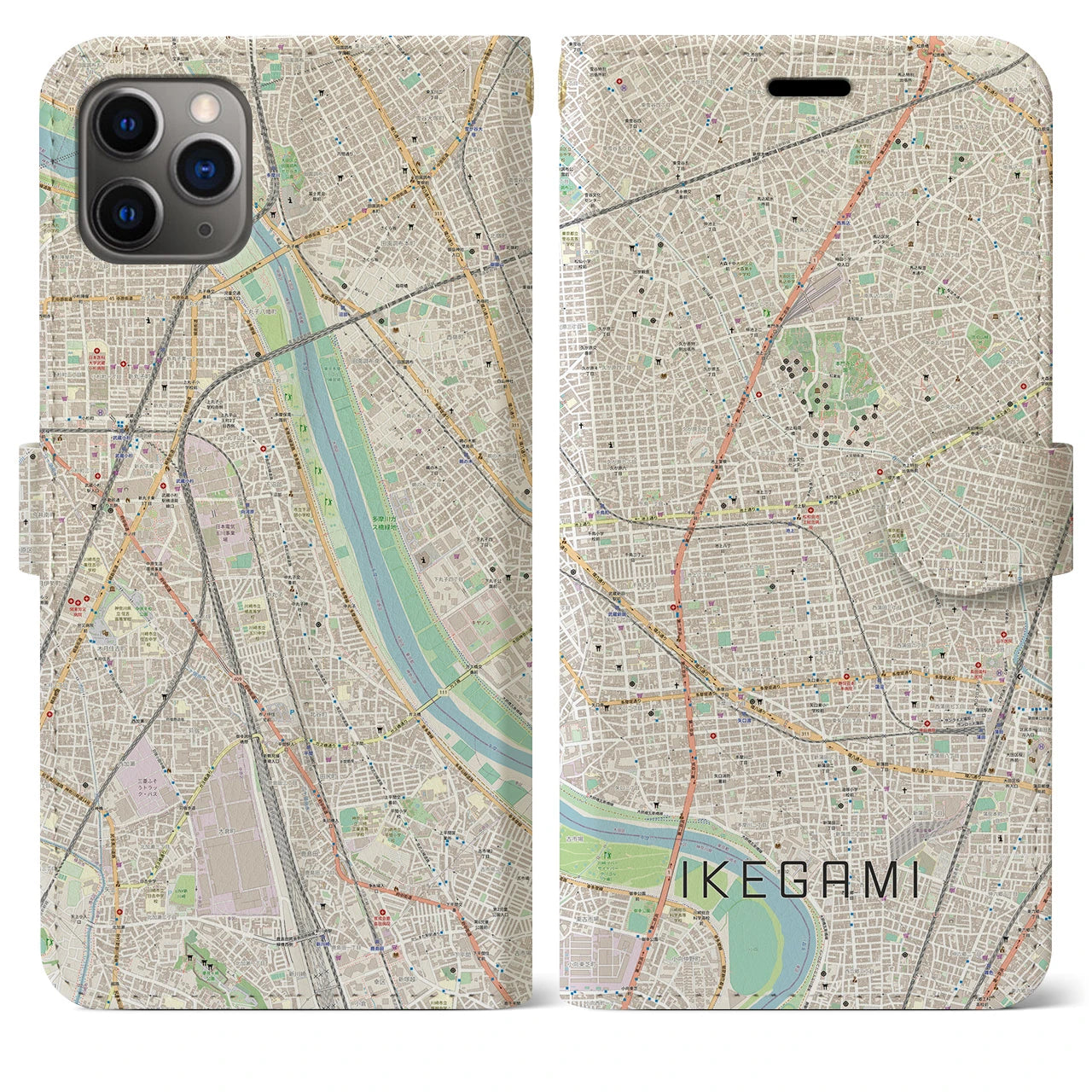 【池上】地図柄iPhoneケース（手帳両面タイプ・ナチュラル）iPhone 11 Pro Max 用