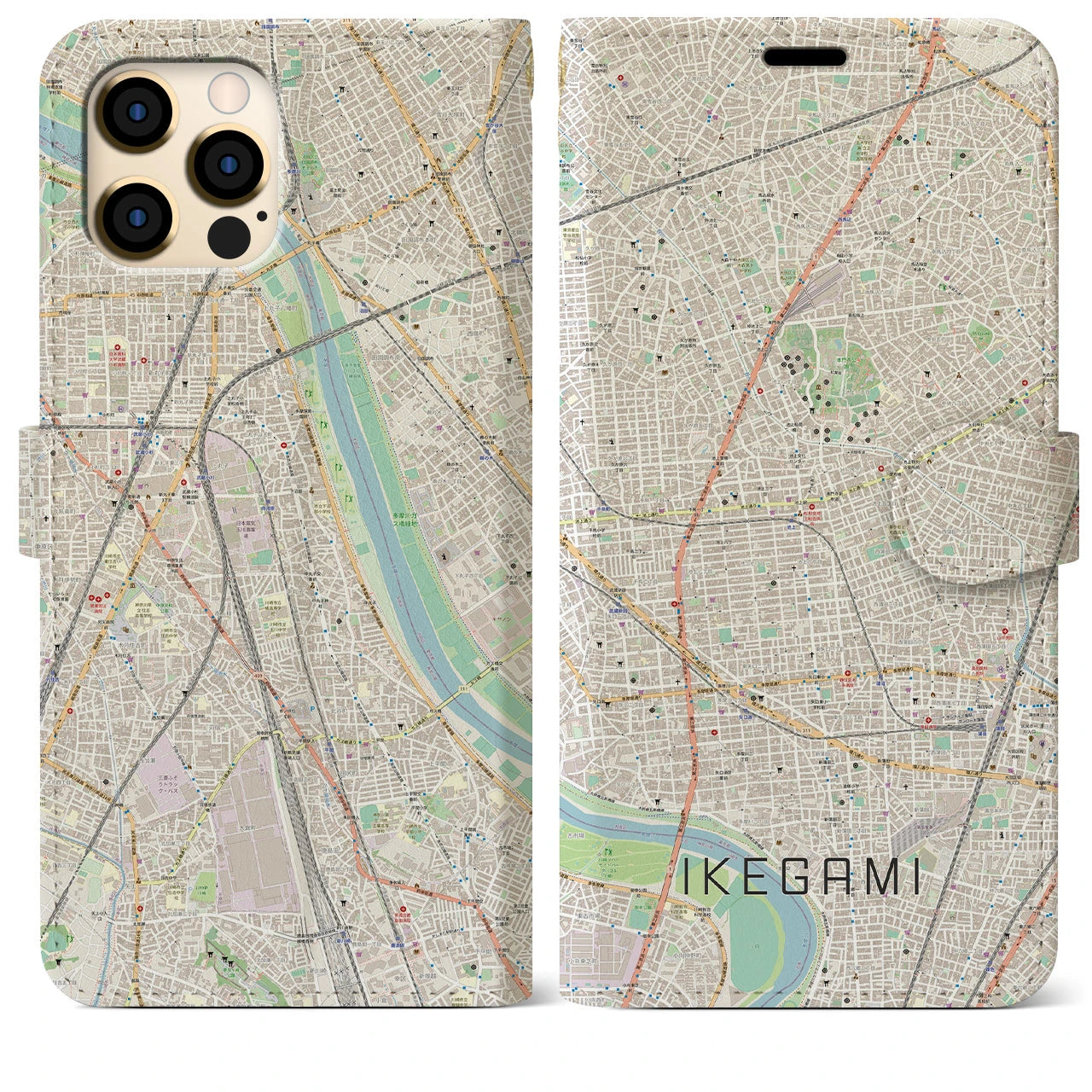 【池上】地図柄iPhoneケース（手帳両面タイプ・ナチュラル）iPhone 12 Pro Max 用