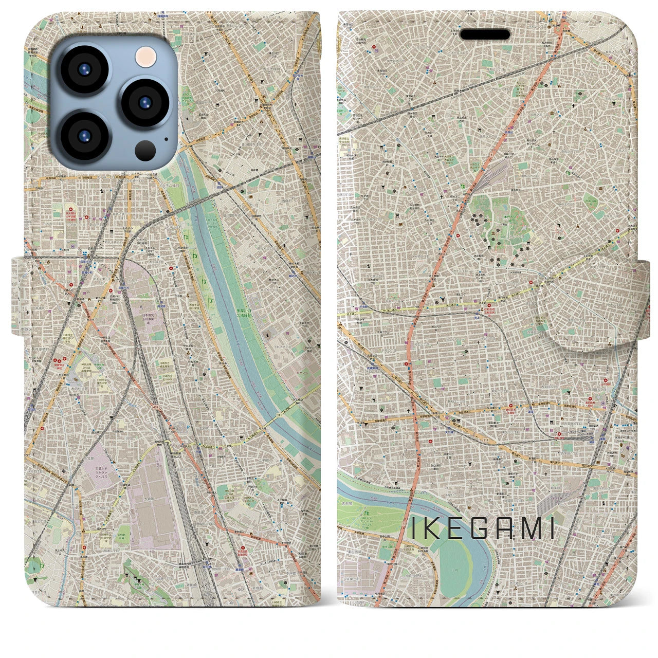 【池上】地図柄iPhoneケース（手帳両面タイプ・ナチュラル）iPhone 13 Pro Max 用