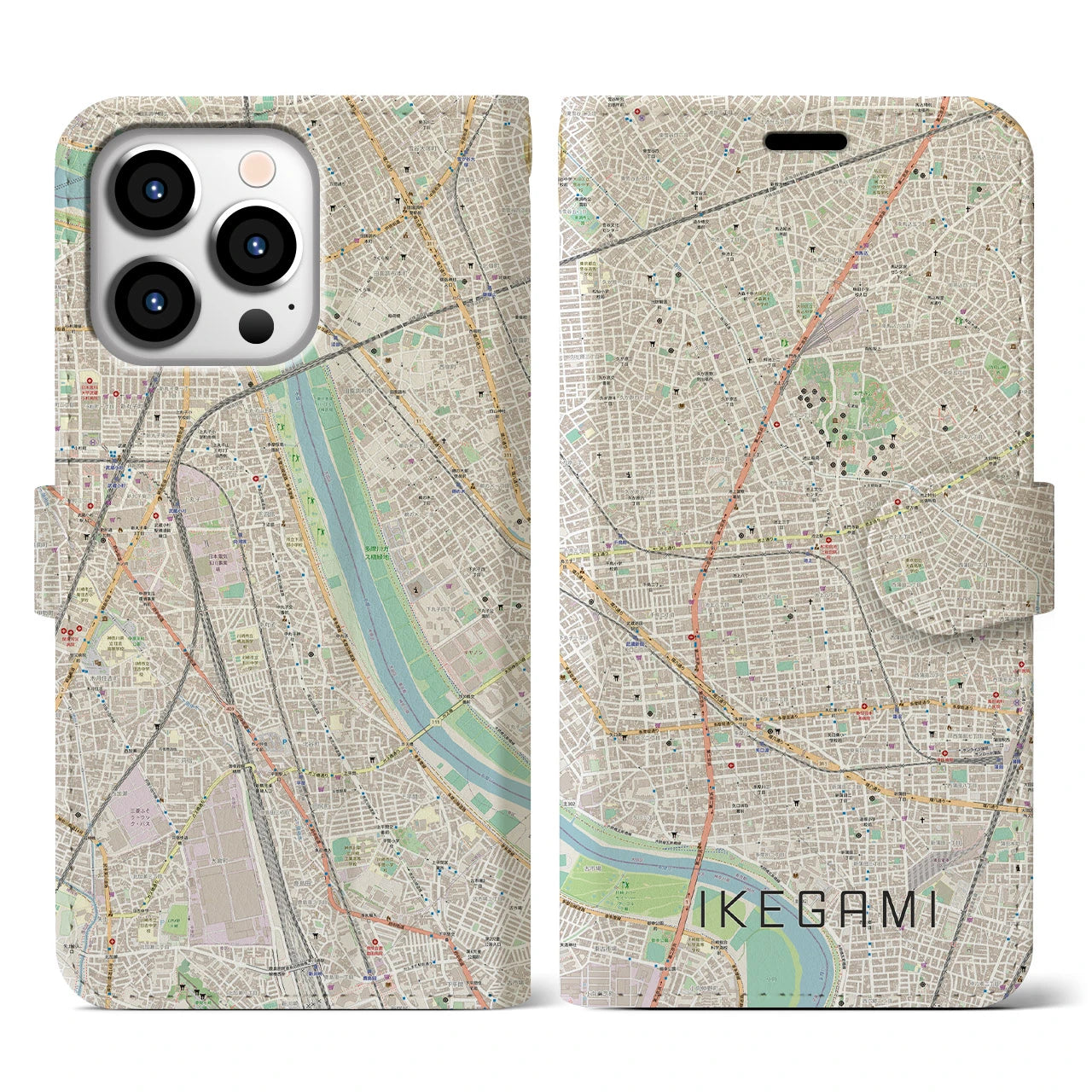 【池上】地図柄iPhoneケース（手帳両面タイプ・ナチュラル）iPhone 13 Pro 用