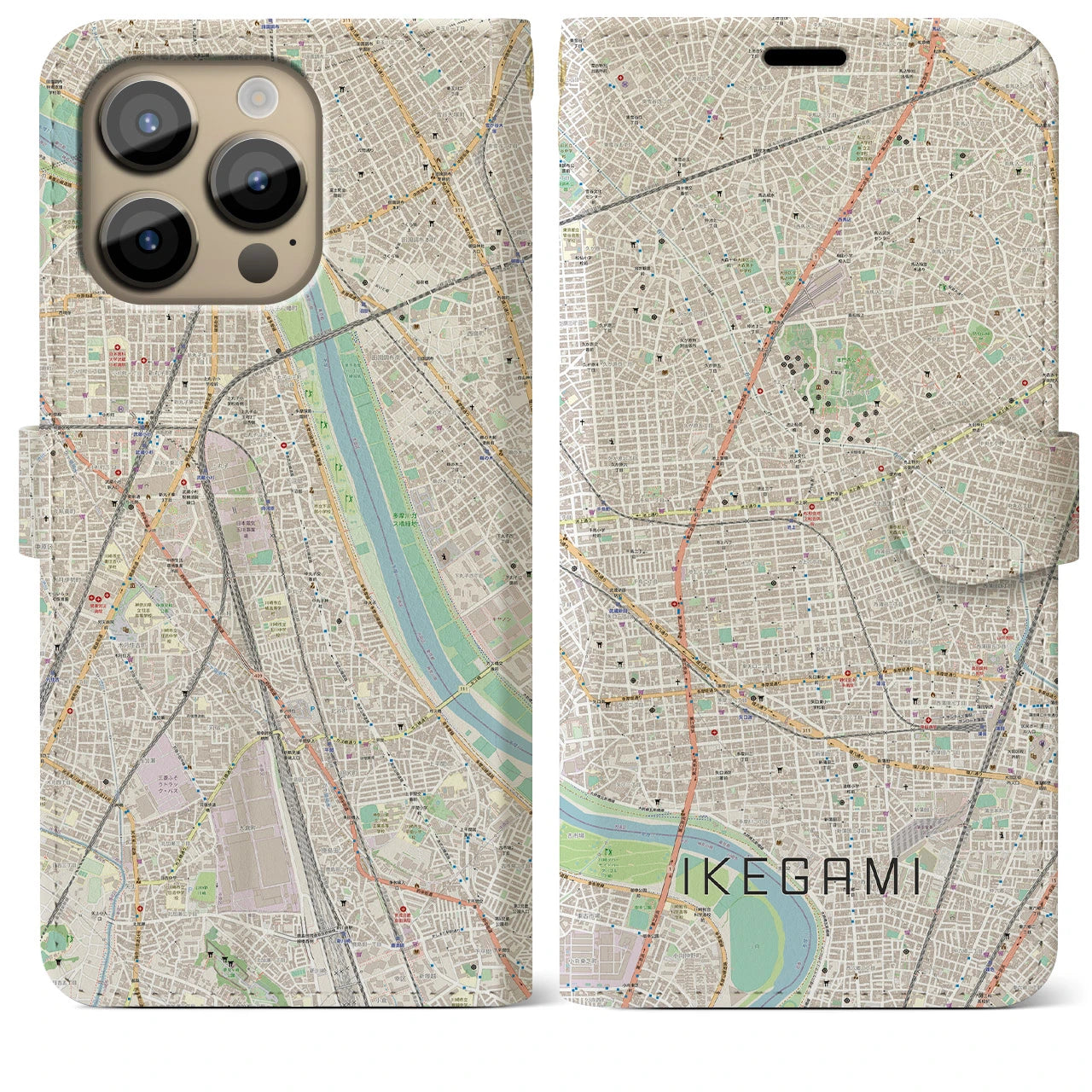 【池上】地図柄iPhoneケース（手帳両面タイプ・ナチュラル）iPhone 14 Pro Max 用