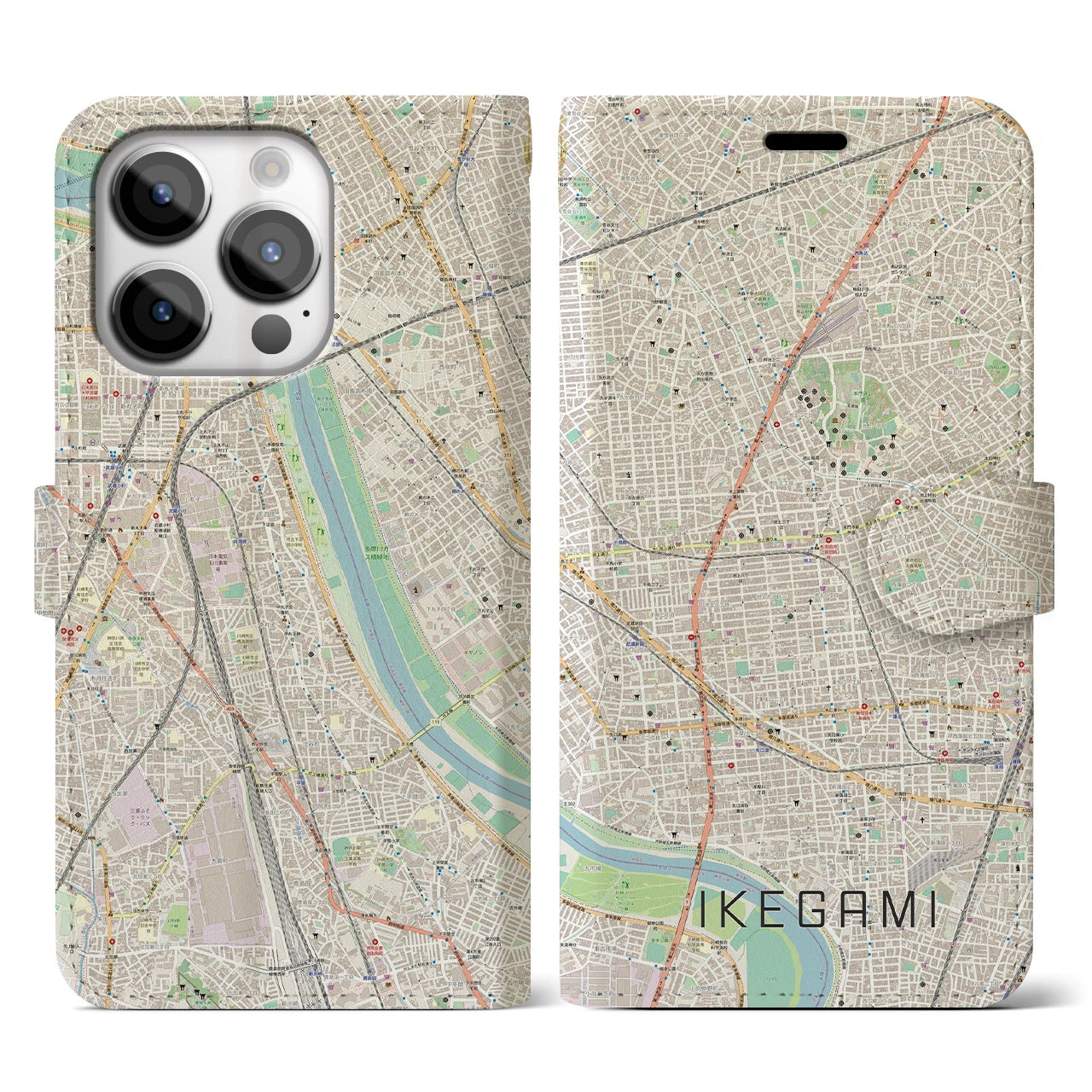 【池上】地図柄iPhoneケース（手帳両面タイプ・ナチュラル）iPhone 14 Pro 用