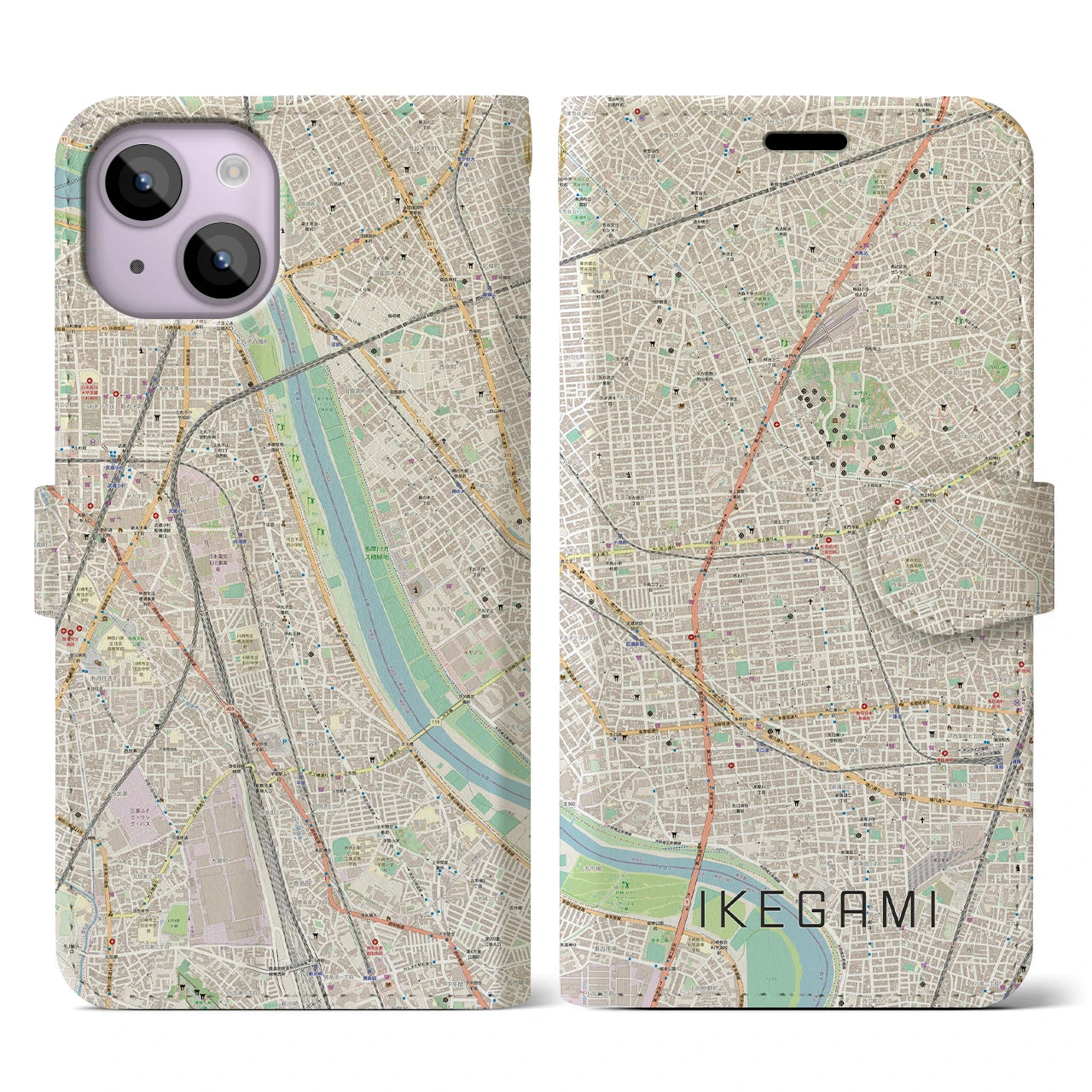 【池上】地図柄iPhoneケース（手帳両面タイプ・ナチュラル）iPhone 14 用