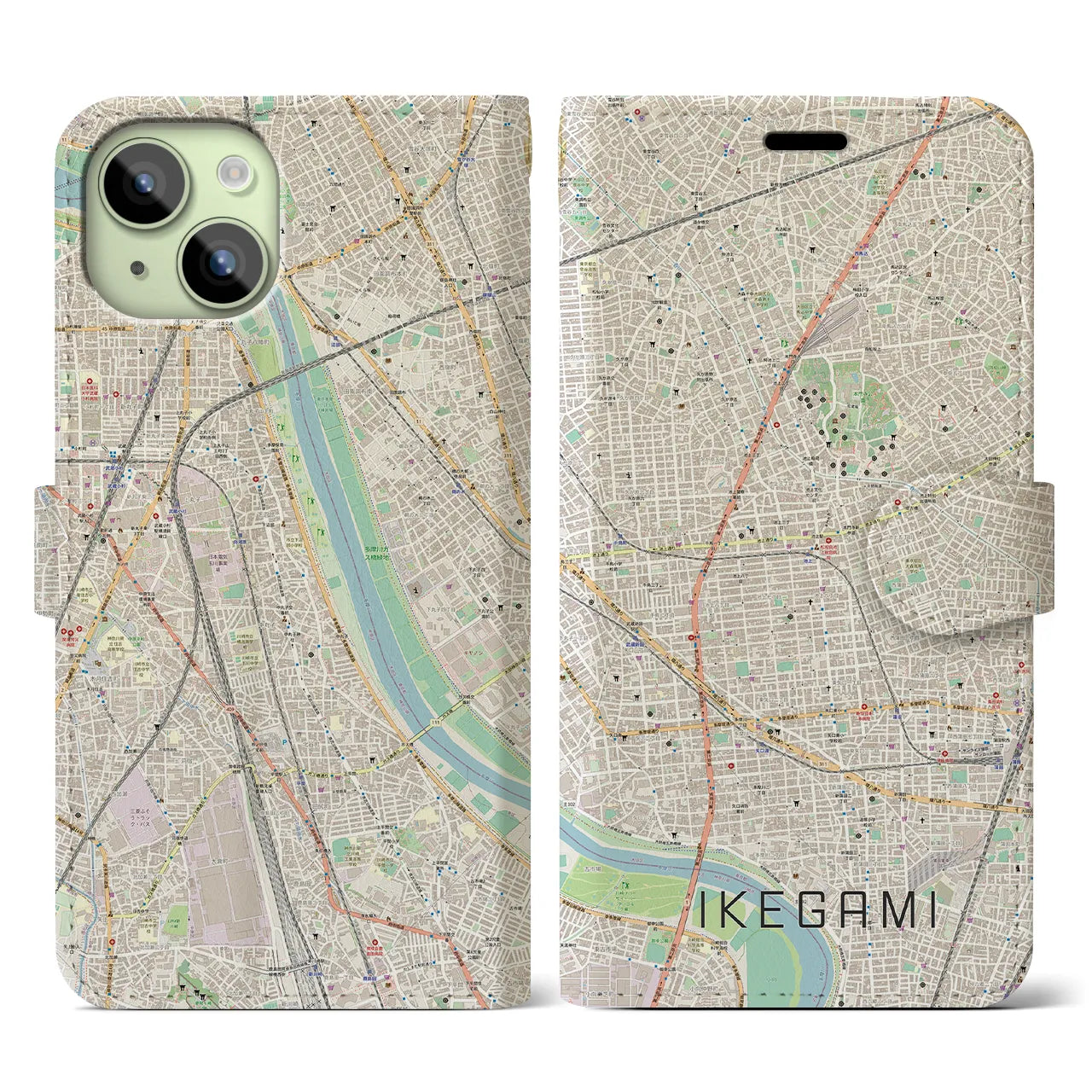 【池上】地図柄iPhoneケース（手帳両面タイプ・ナチュラル）iPhone 15 用