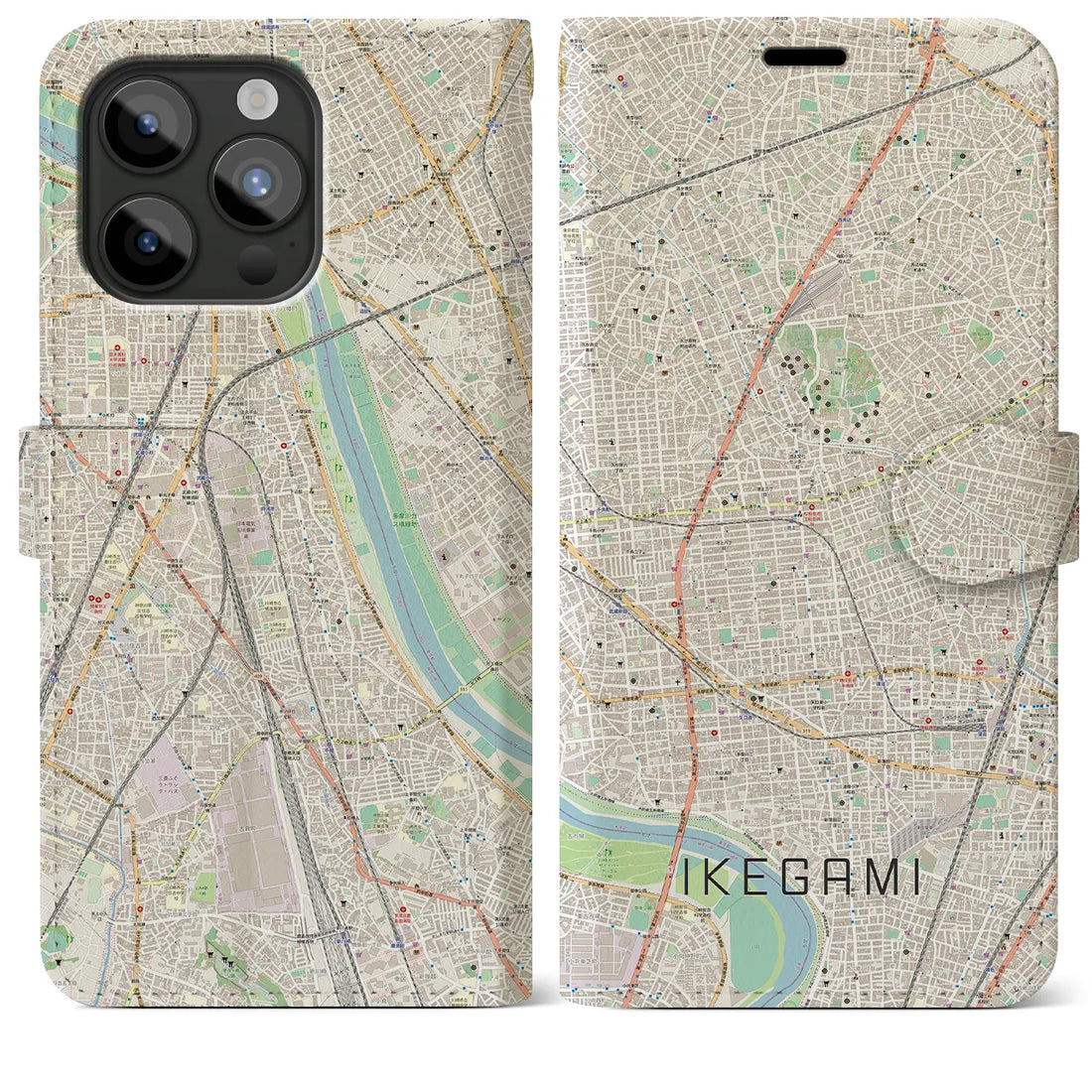 【池上】地図柄iPhoneケース（手帳両面タイプ・ナチュラル）iPhone 15 Pro Max 用