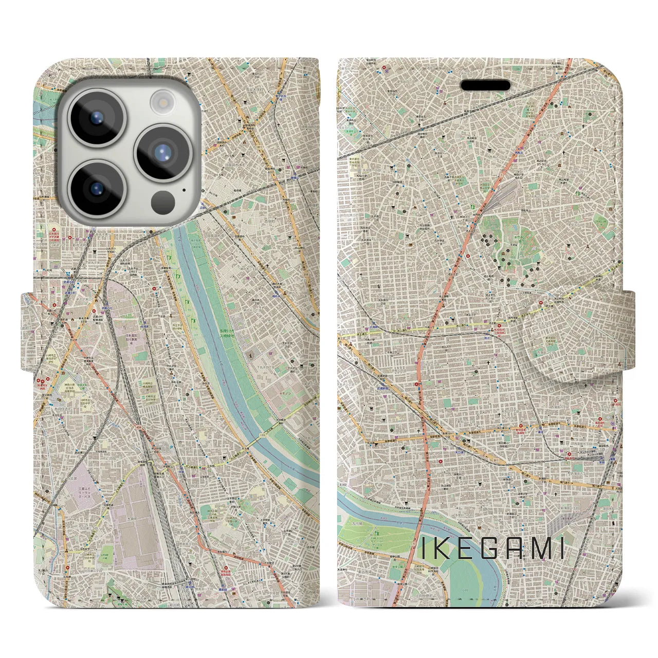 【池上】地図柄iPhoneケース（手帳両面タイプ・ナチュラル）iPhone 15 Pro 用