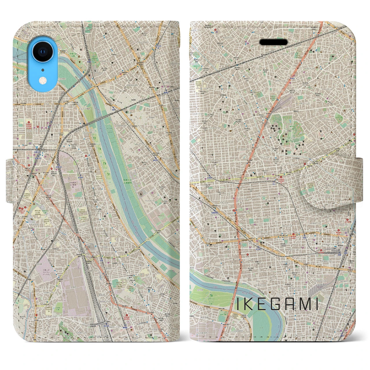 【池上】地図柄iPhoneケース（手帳両面タイプ・ナチュラル）iPhone XR 用
