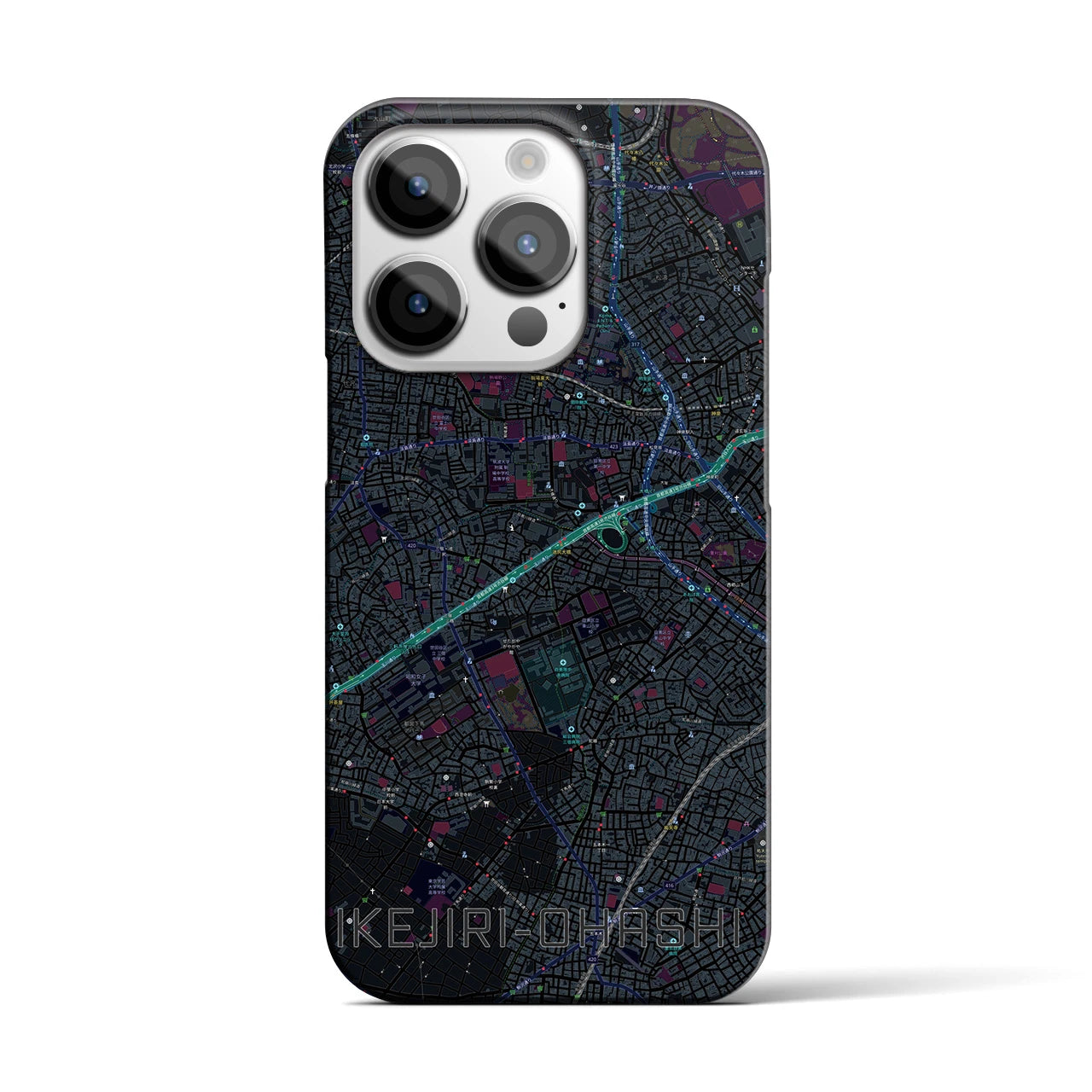 【池尻大橋】地図柄iPhoneケース（バックカバータイプ・ブラック）iPhone 14 Pro 用
